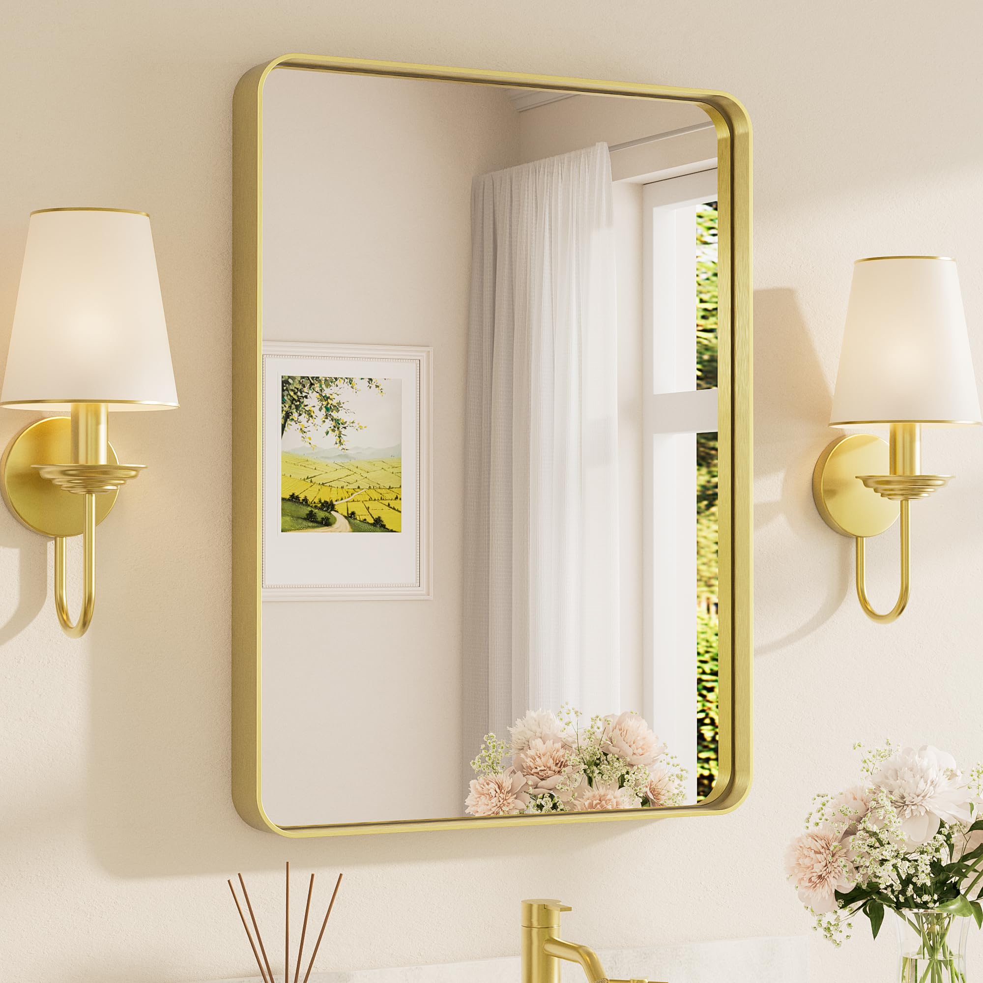 TETOTE Brushed Gold Bathroom Mirror, 24 x 32 Inch Metal Framed Mirror, Brushed Brass Rectangle Wall Mounted Golden Vanity Mirror (Horizontal/Vertical)