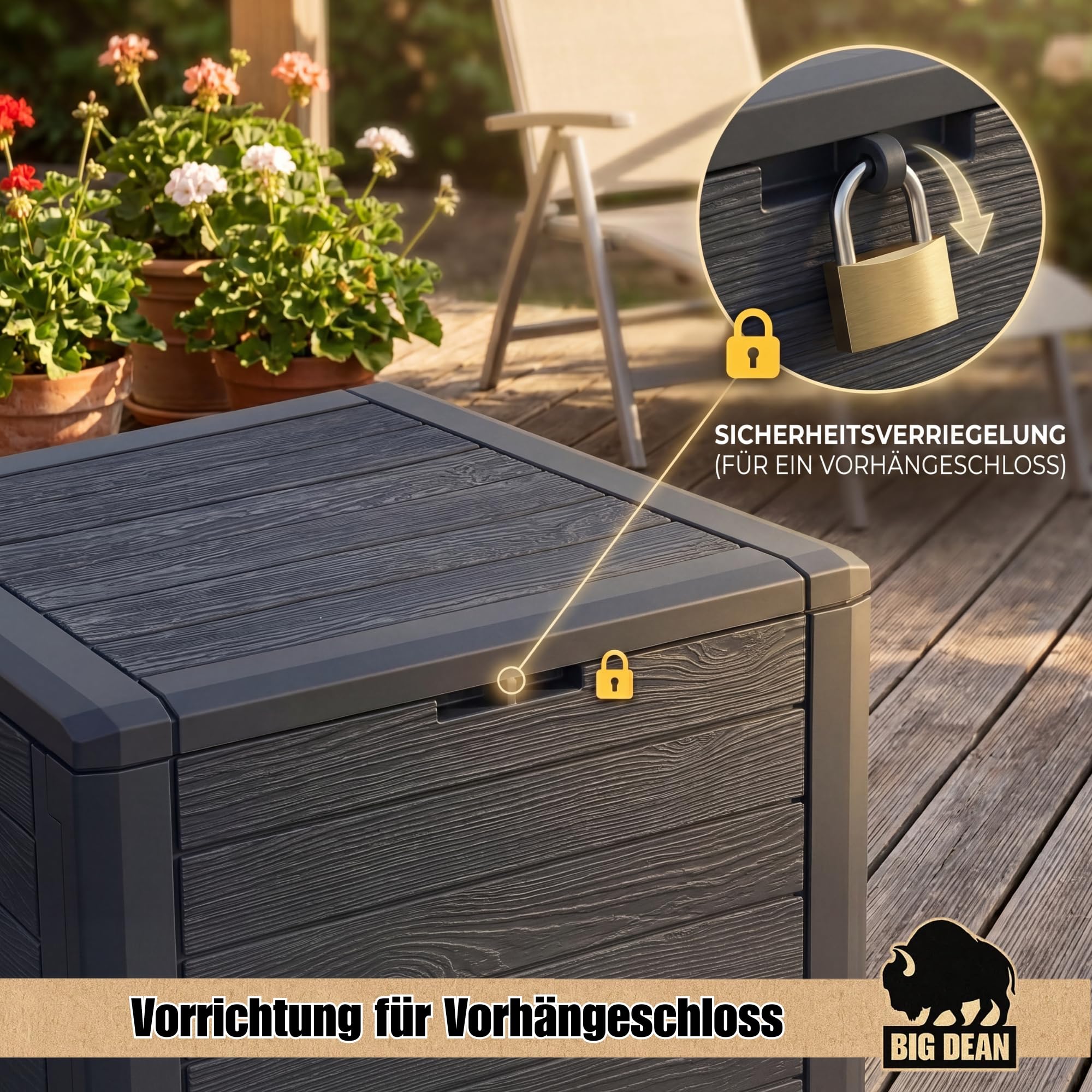 BigDean Gartenbox klein kompakt 140 Liter ideal für Balkon und kleine Flächen, Holzoptik Auflagenbox