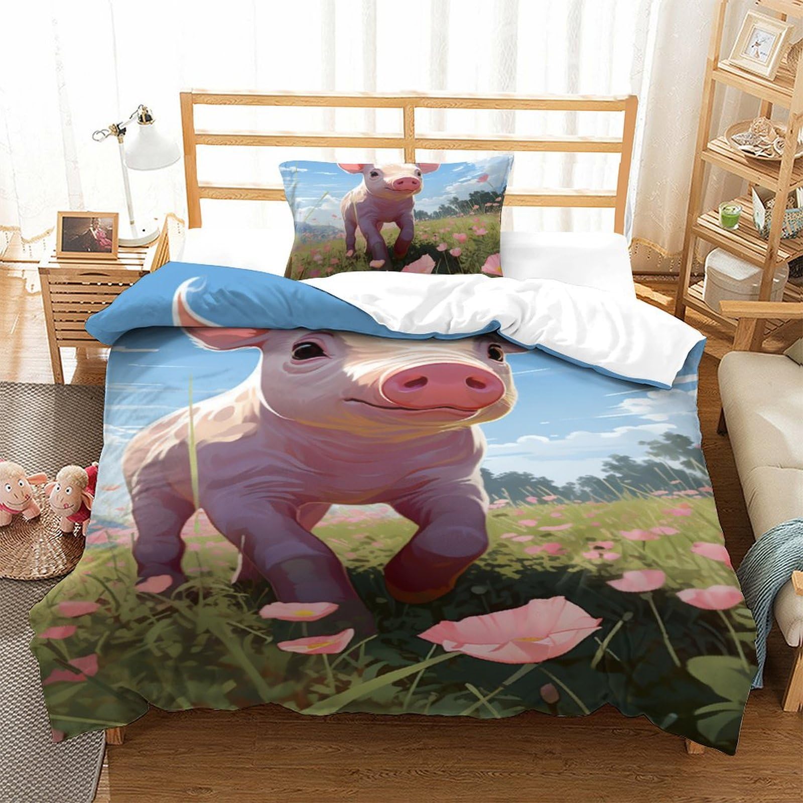 Housse de couette cochon 3D parure de lit ado microfibre 135x200 avec taie d'oreiller