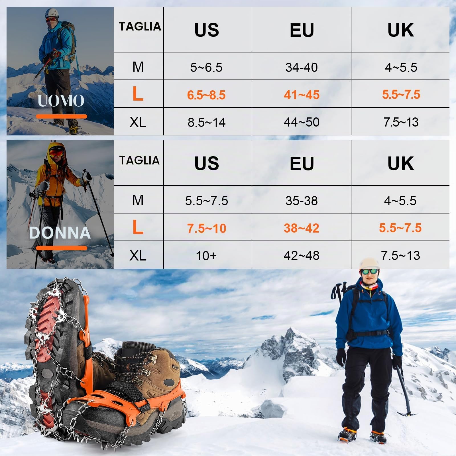 Ramponi per Scarponi,Ramponi da Ghiaccio per Scarponi,24 Denti,Portatile Ramponcini,per trekking invernale,Trekking Trail Running da Antiscivolo,Camminare su Neve e Ghiaccio Campeggio