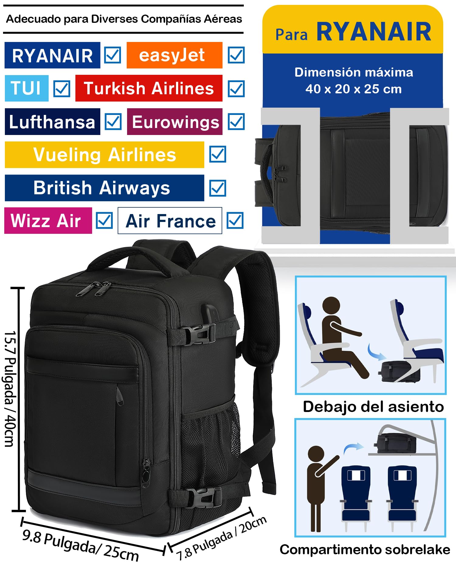 KLOSTAIN Mochila Viaje Cabina Avion 40x20x25 para Ryanair 20L Mochila Cabina Equipaje de Mano Bolso Mochilas Hombre para Portatil Negro