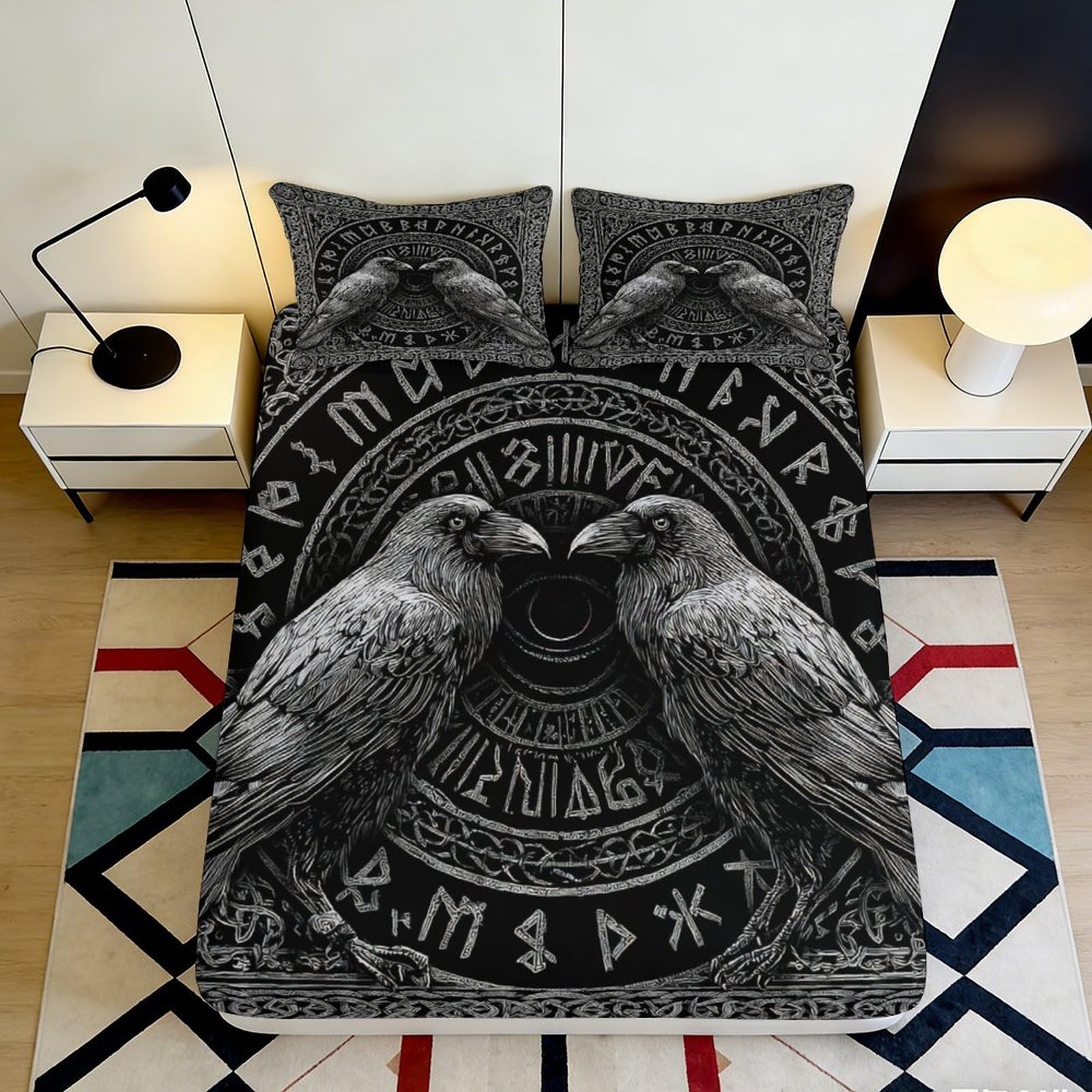 3D Printed Norse Runes Fitted Sheet Microfiber Black Raven Viking Art Mattress Cover for Bedroom Dorm Bed Protection Decor 120x200x25cm