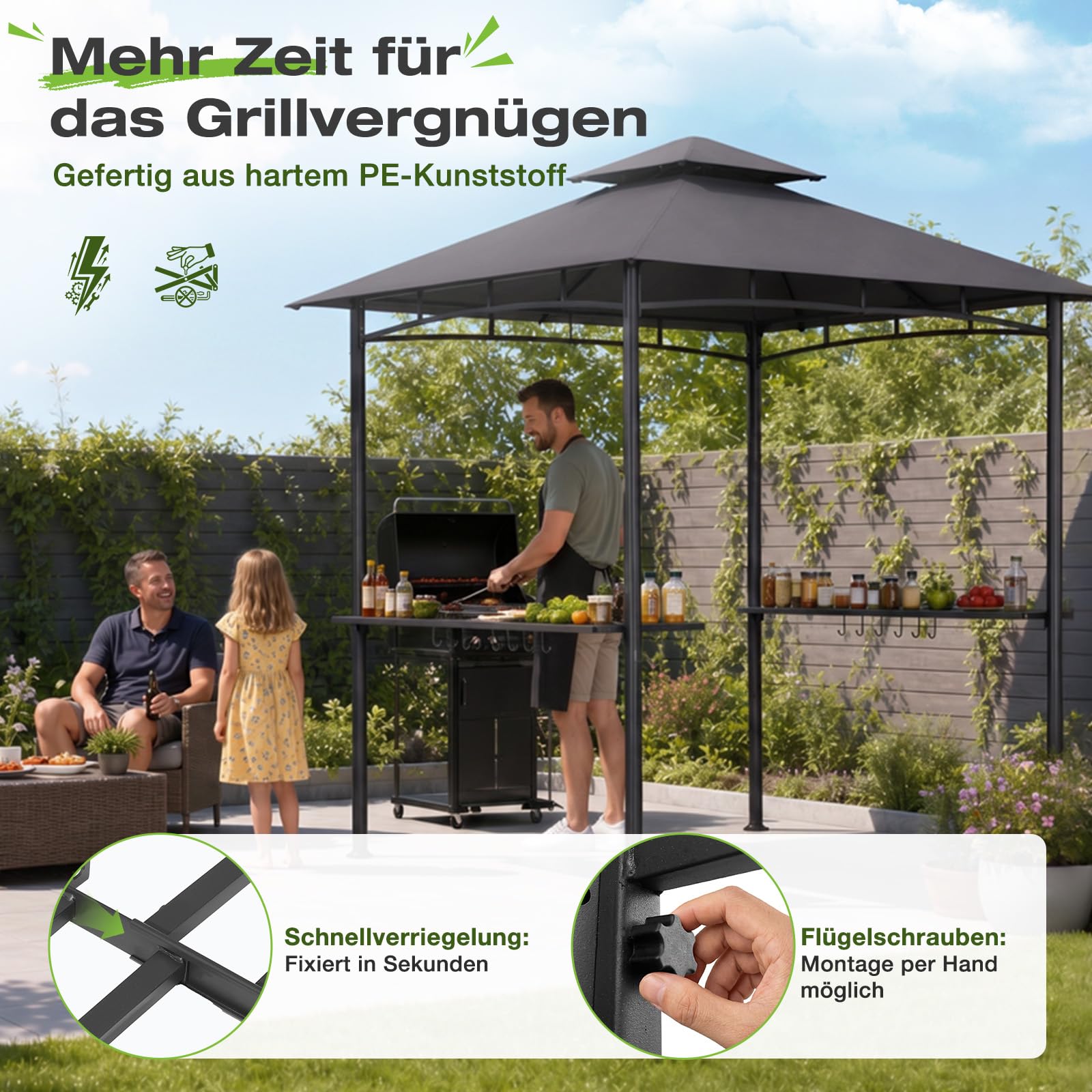 Sekey grillpavillon Winterfest wetterfest mit Doppeldach, Seitenregalen, Haken & Flaschenöffner, sekundenschnell aufbaubar UV-Schutz 50+, grillüberdachung Outdoor für Garten BBQ Camping, Anthrazit