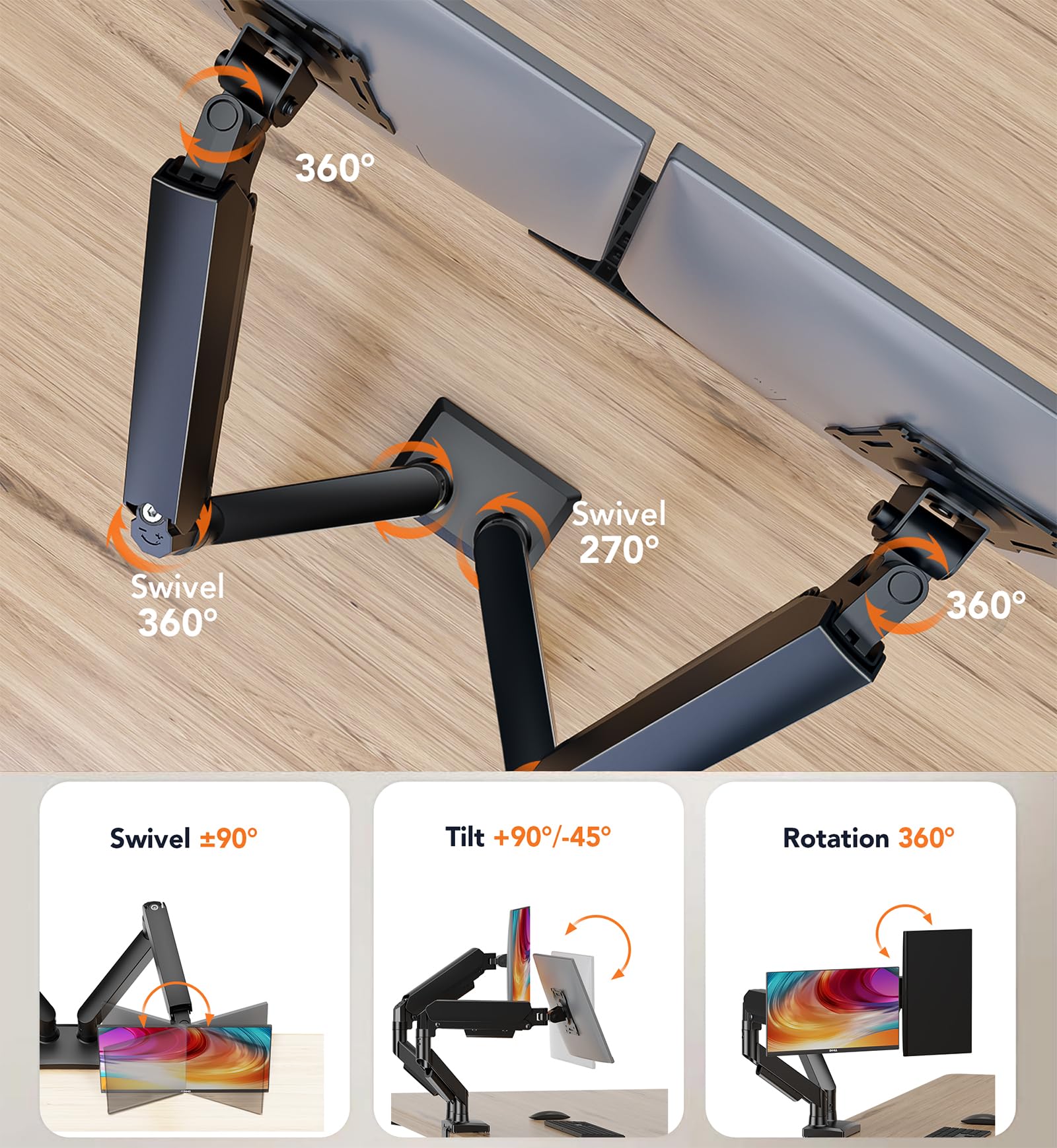 Hemudu Bras de Moniteur Double à Ressort Pneumatique, Support Double de Moniteur pour Bureau Réglable (jusqu'à 9kg) pour Écrans de 17 à 32 Pouces, Compatible avec VESA 75/100 mm, avec Écrou à C