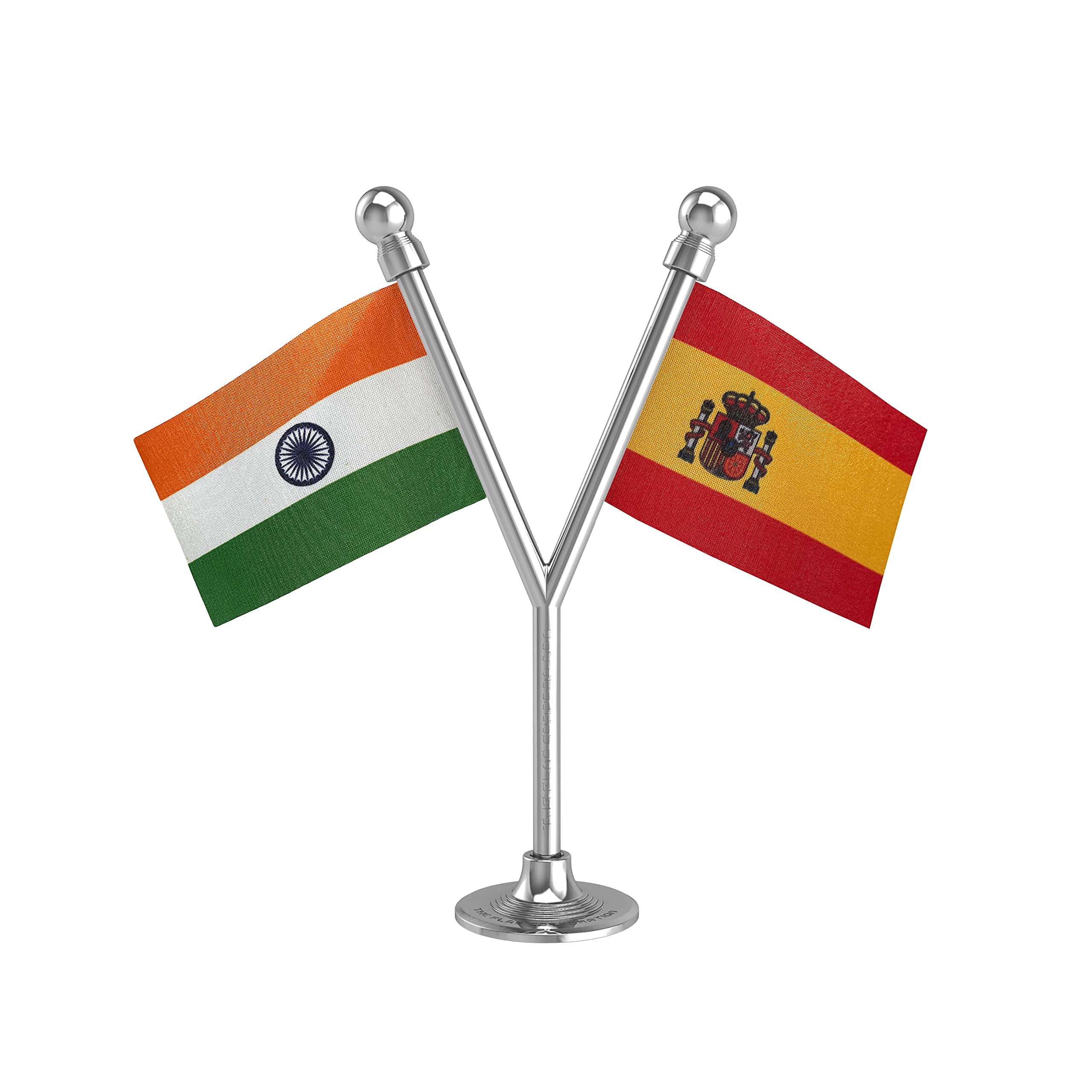 The Flag Corporation India & Spain Car Dashboard Flag 2in x 3in With A Plastic Liquid Chrome Base