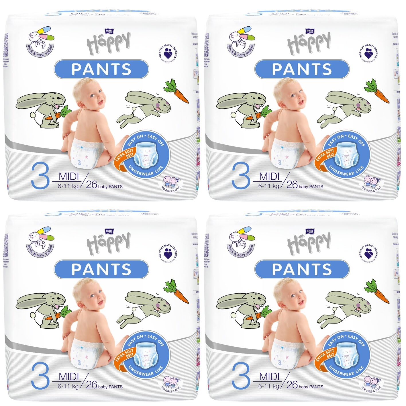 bella baby Happy Pants Gr.3 Midi (6-11 kg), 104 Stück (4x26) – Trainingshose & Windelhöschen zum Hochziehen