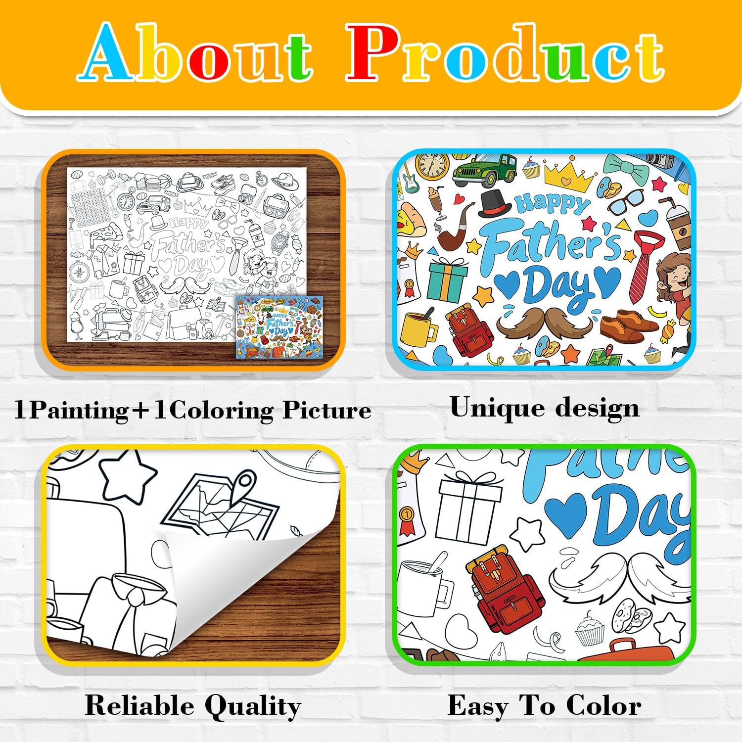 Gistome 43.3 x 31.5 Inch Happy Father's Day Coloring Paper Tablecloth Poster - Disposable Giant DIY Color-in Banner for Party Activity - Fun Gifts, Father's Day Party Favors