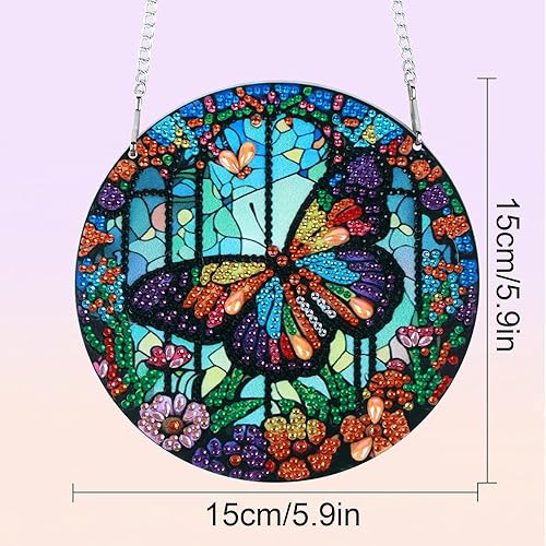 Miniatura 2 de Tontut Decoraciones colgantes Kits de pintura de diamantes, colgante de ventana DIY mariposa flor pintura de diamante, forma especial diamantes arte