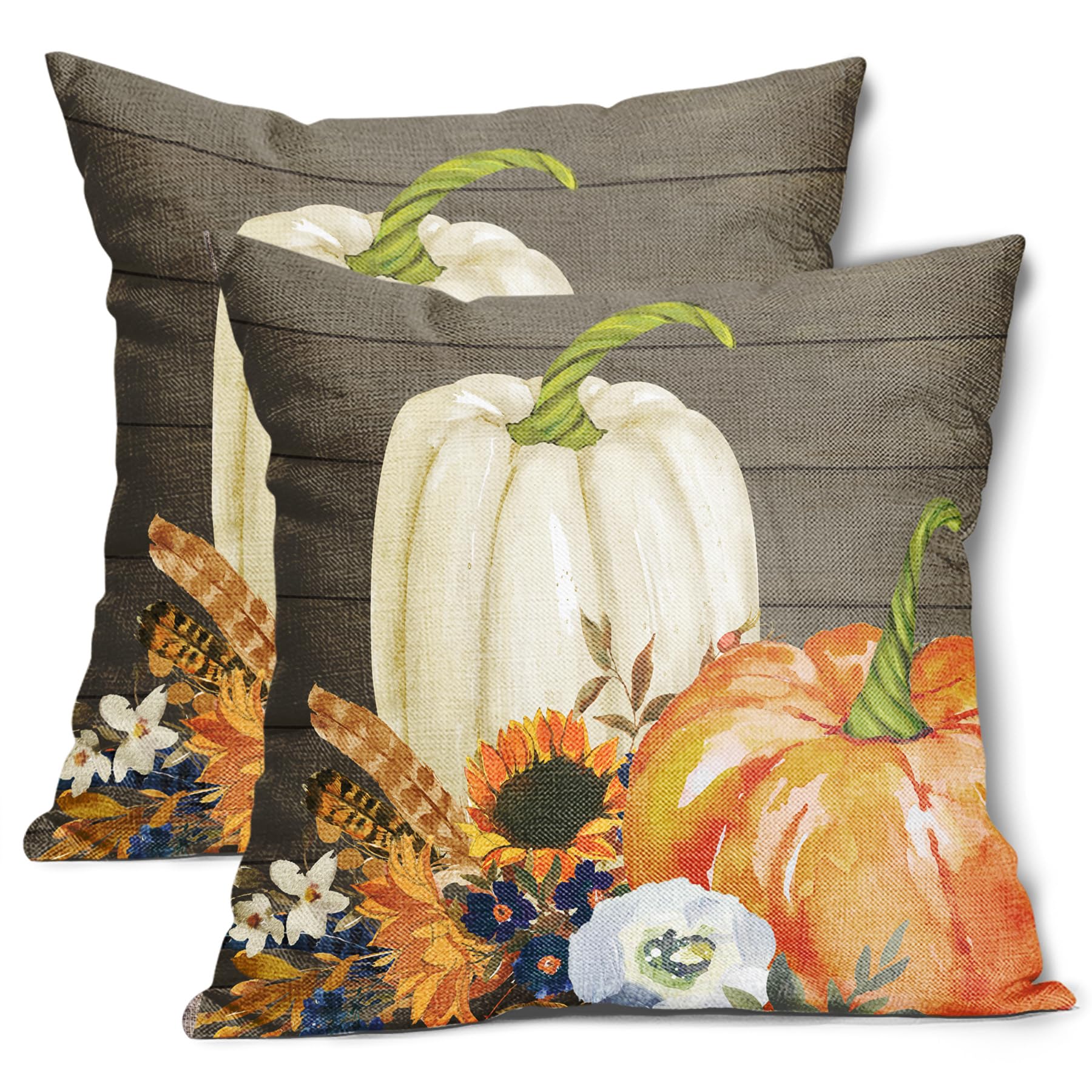 Kawani Juego de 2 fundas de almohada de otoño de calabaza blanca y naranja de 16 x 16 pulgadas, diseño de hojas de girasol, decoración del hogar para habitación, porche, patio, sofá al aire libre