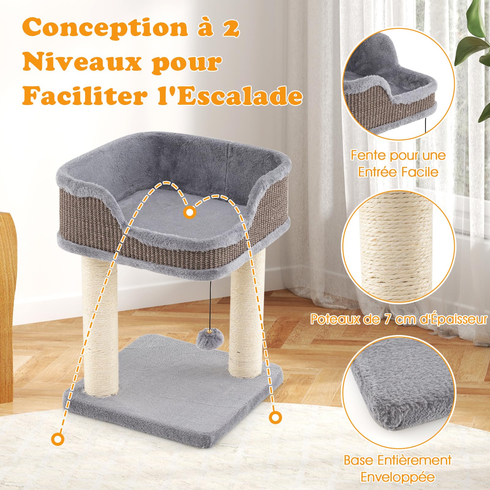 GOPLUS Arbre a Chat à 2 Niveaux avec Balle Suspendue et Clochette, Arbre à Chat Petit avec Perchoir en Peluche, 2 Poteaux à Gratter en Sisal, Centre d'Activité pour Chatons d'Intérieur (Gris)