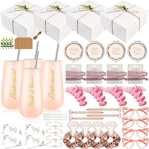 Juego de 4 regalos de propuesta de dama de honor, regalos de boda para dama de honor de 6 onzas, juego de 4 bolsas de propuesta de dama de honor,
