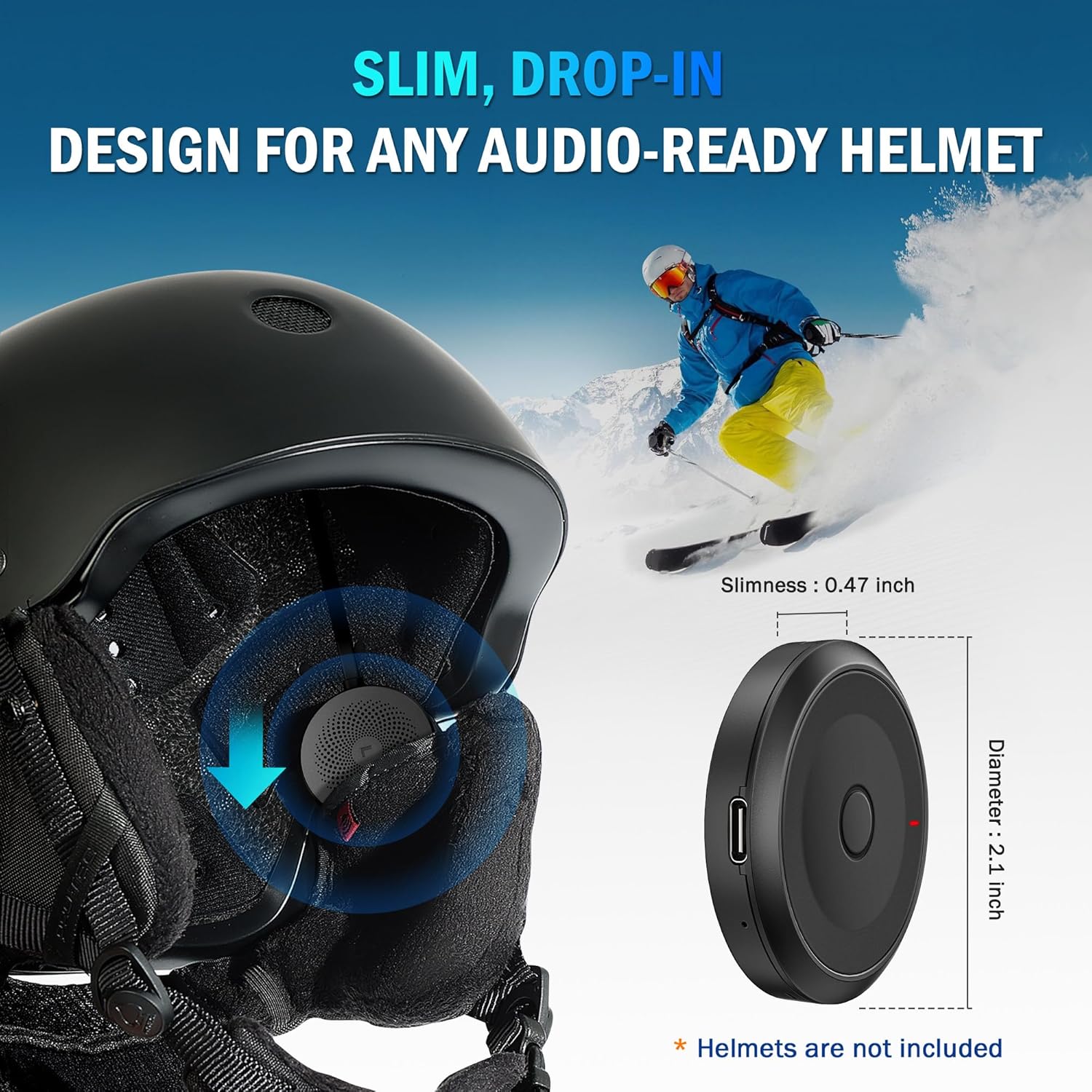 Wireless Bluetooth 6.0 Ski Helmet Speakers - 30H Playtime, Glove-Friendly, HDR Audio, IPX5 Waterproof, Rechargeable Drop-in Headphones with Built-in Mic for Skiing & Snowboarding Audio Ready Helmets