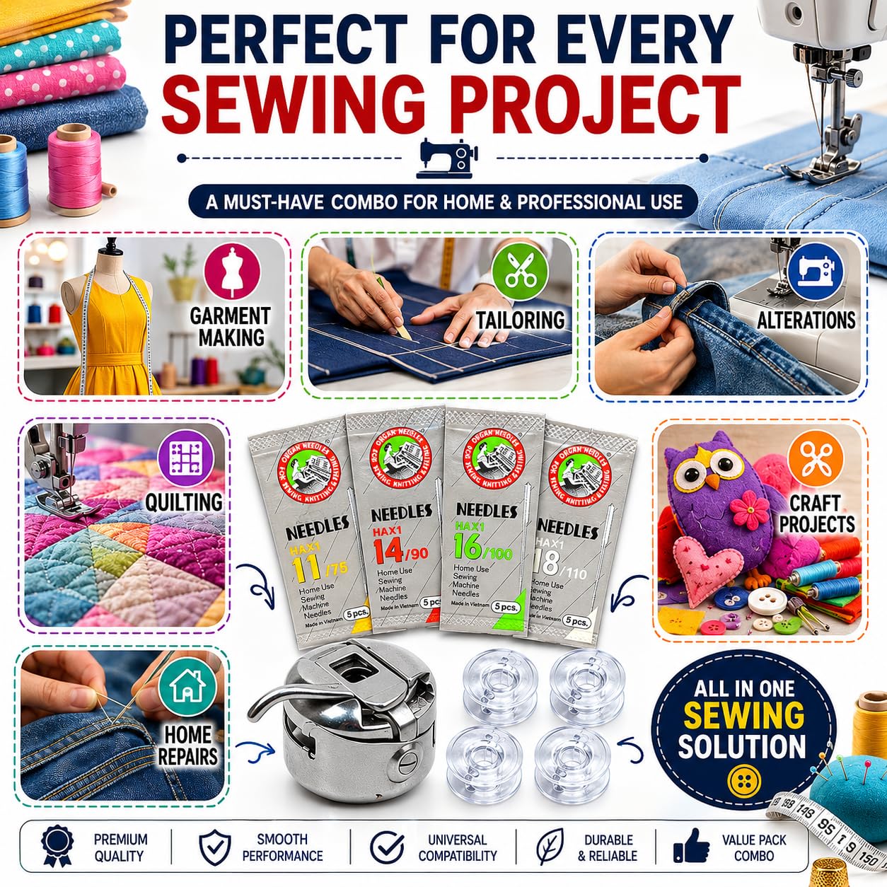 ZENITH Combo - HA 20 Needles Pack (Sizes 11, 14, 16, 18) + 1 Bobbin Case + 5 Transparent Plastic Bobbins | Compatible with Usha, Janome, Singer, Brother & Other Domestic Sewing Machines — Amazon image 8