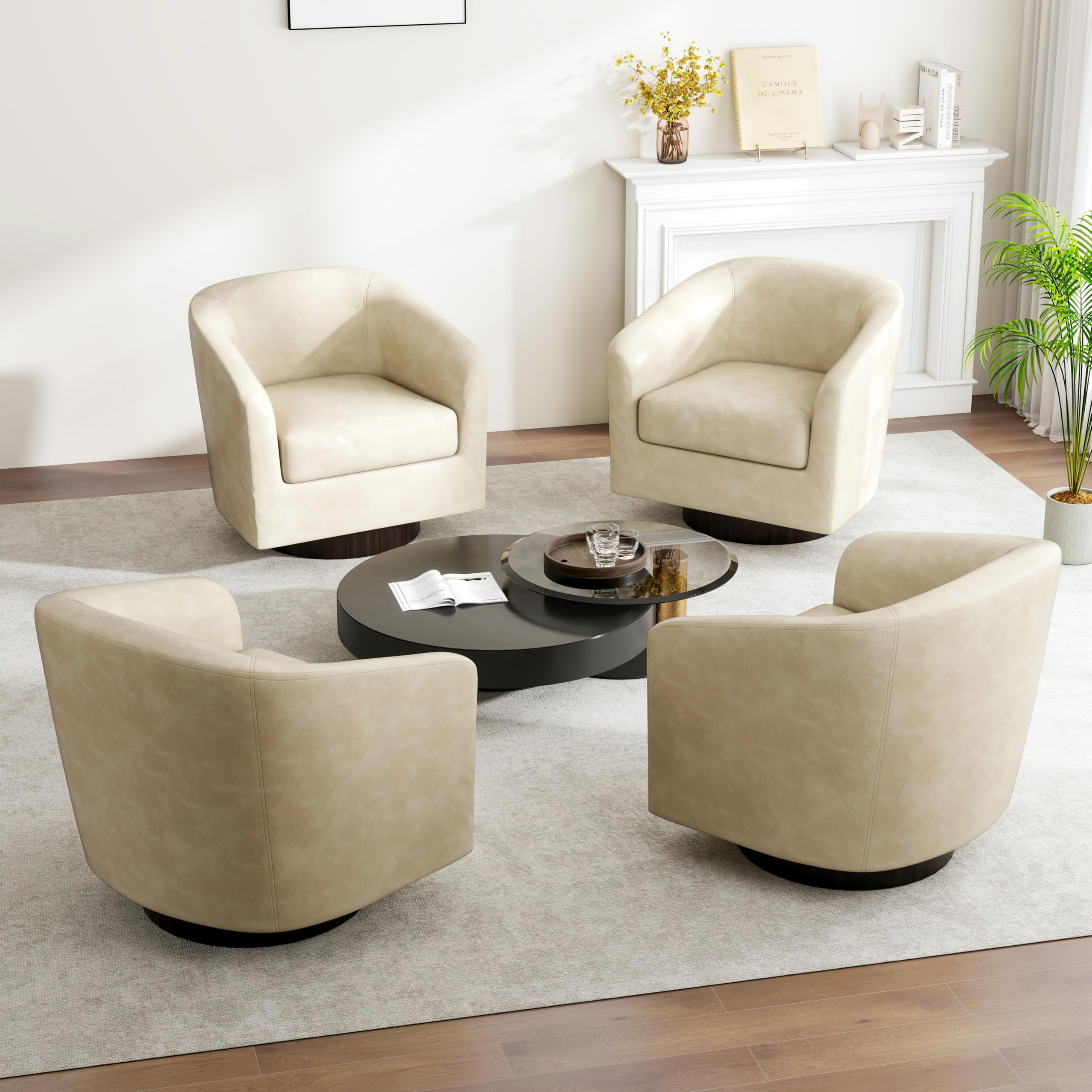 Swivel Barrel Accent Chair, Modern Round Faux Leather Arm Chair for Living Room, Bedroom, Comfy Club Reading Chairs for Adults(Faux Leather, Cream,