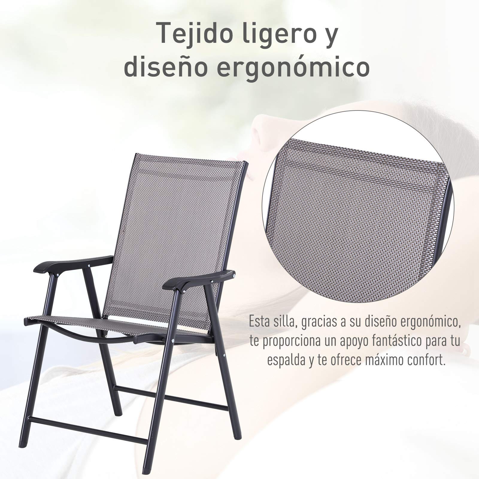 Outsunny Conjunto de 2 Sillas Plegables para Exterior 58x64x94 cm Gris | Con Reposabrazos, Sillas para Balcones Jardín Terraza, Metal Texteline, Carga 110 kg