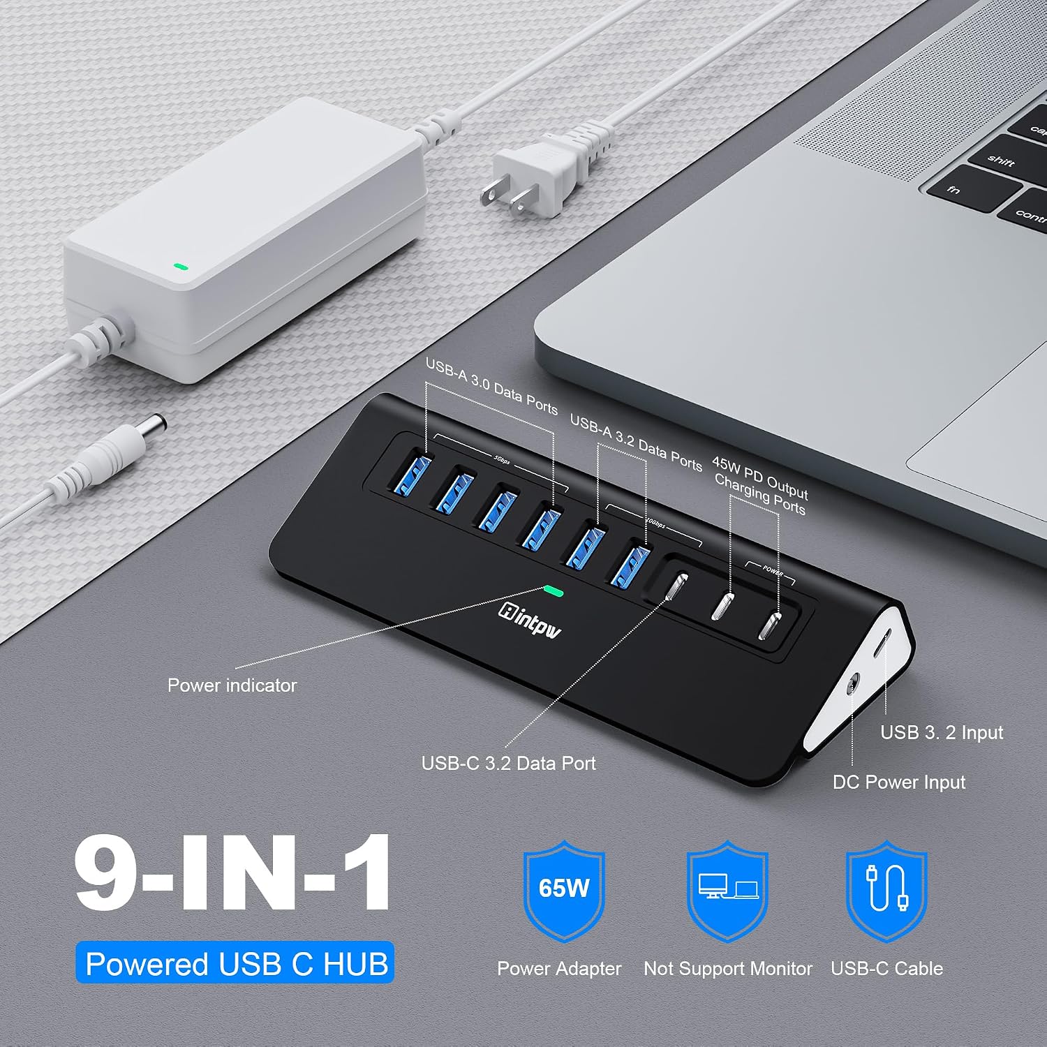 Powered USB Hub 10Gbps,intpw YH6AC 9-Port USB Splitter with USB A/USB C 3.2, 4 USB 3.0, 2 PD 45W Charging Ports, 65W Power Adapter and 3.3FT Cable, Aluminum Black USB Hub for Laptop/PC,iPhone 16/15 image 2