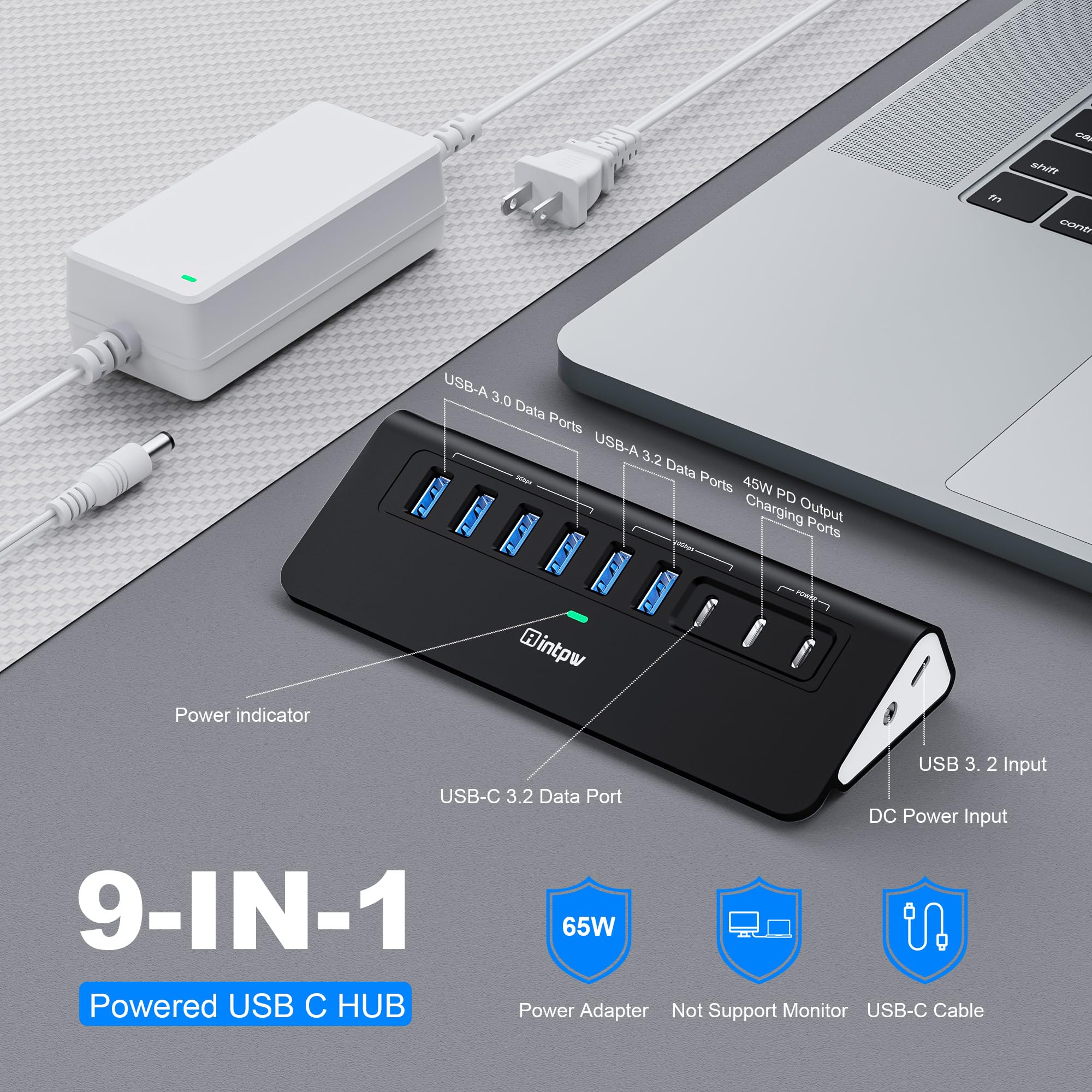 intpw Hub USB alimentato da 10 Gbps, hub USB 3.2 a 9 porte, hub USB C con 3 USB 3.2, 4 USB 3.0, 2 porte di ricarica PD da 45 W, cavo da 3,3 m e adattatore di alimentazione da 65 W, hub USB in