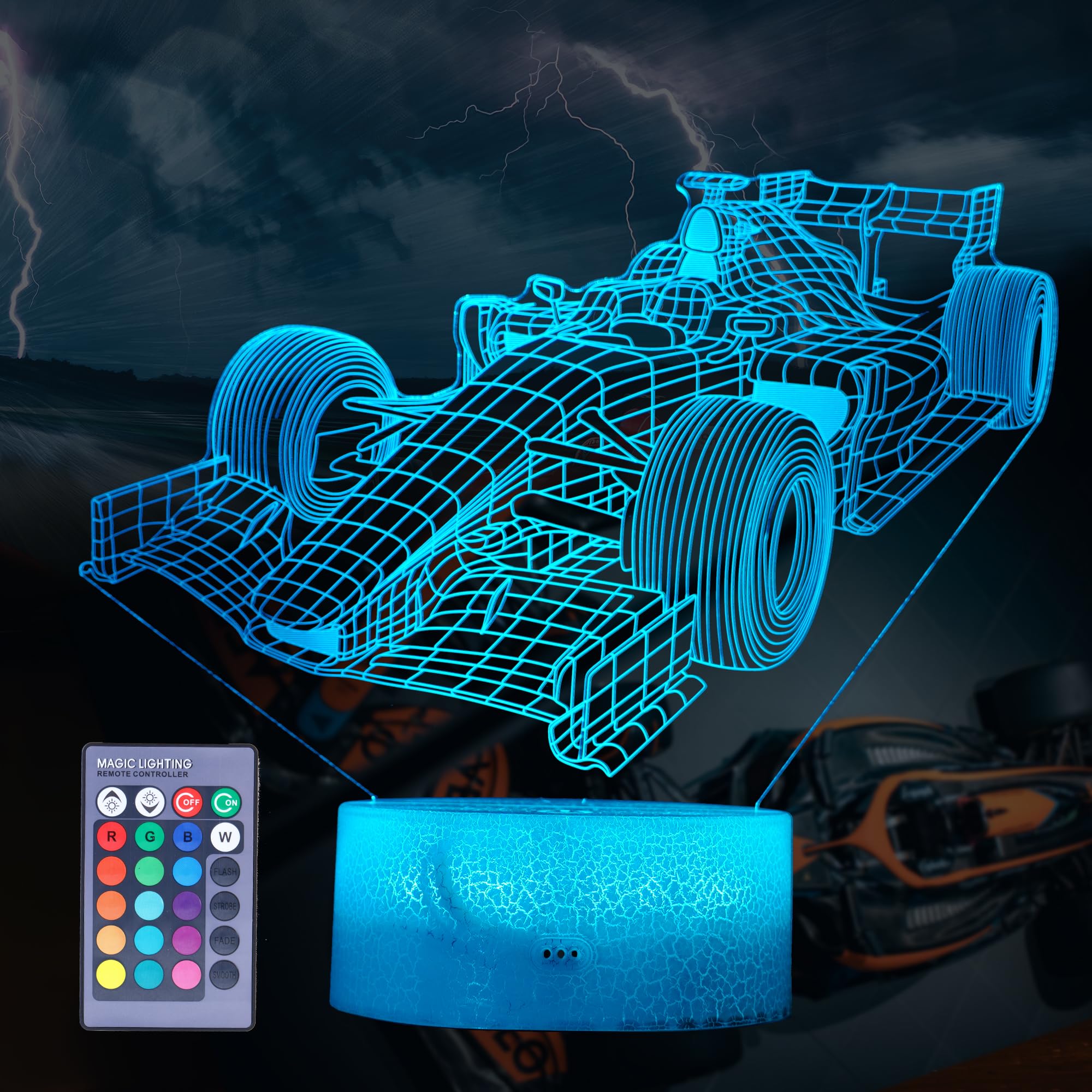 POSSHE Racing Car Gifts for Boy Race Car Night Light with Remote Control, 16 Colors Changing, RGB Flashing Mode and Dimmable