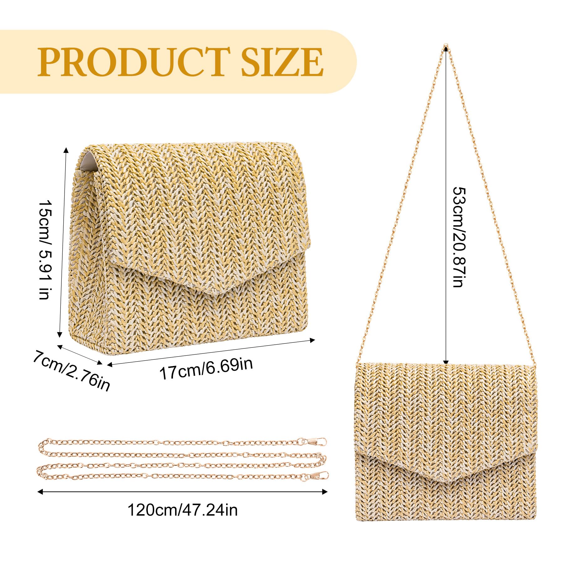 Larcenciel Pochettes et Clutches Femme en Paille, Sac Paille Beige avec Chaîne, Sac à Main de Plage Bohèmes Tissées pour Party