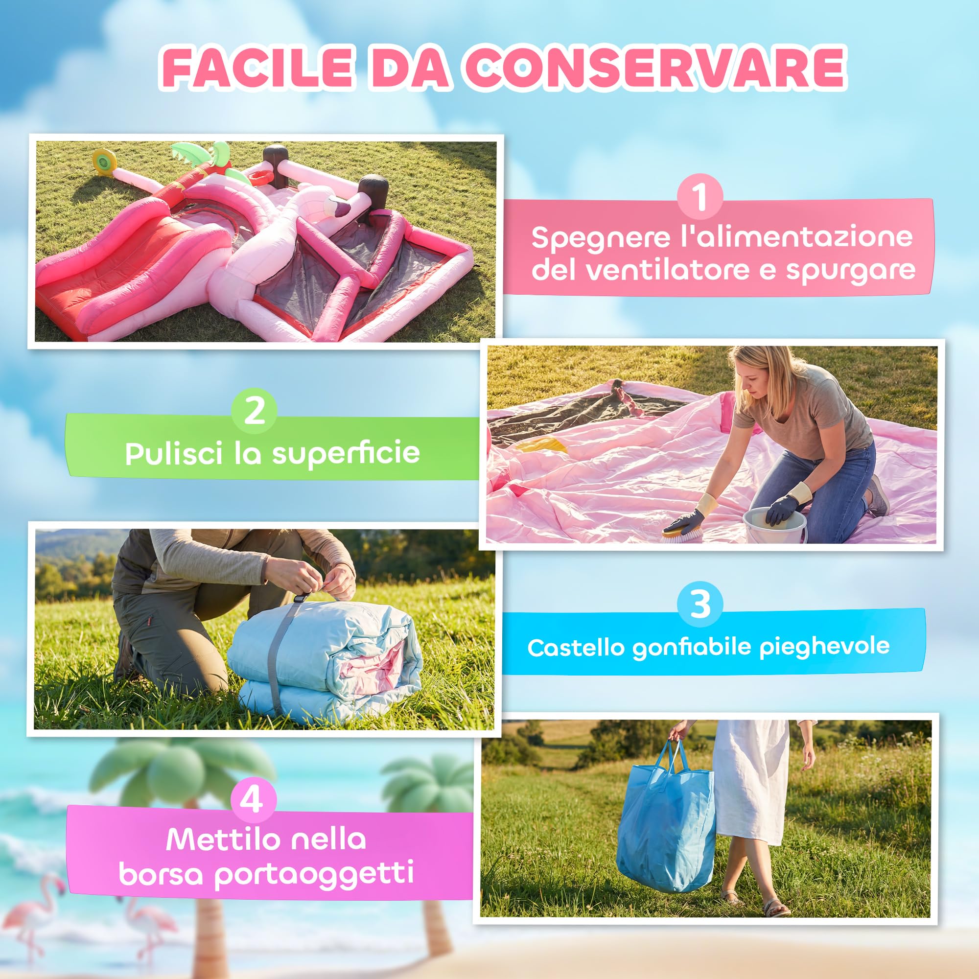 AIYAPLAY Castello Gonfiabile per Bambini 4 in 1, Scivolo, Trampolino, Piscina Palline, Canestro, Palloni Basket, Tema Fenicottero, Soffiatore, Borsa Trasporto, Interni Esterni, 255x230x196cm, Rosa
