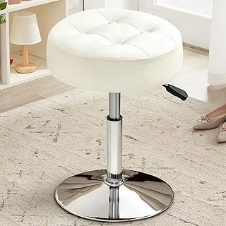 White Vanity Chair for Makeup Room Round Ottoman Tufted PU Leather Makeup Chair Vanity Stools for Bathroom Height Adjustable 360 Swivel