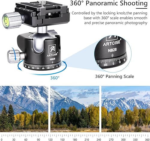 Miniatura 8 de Cabezal de trípode de bola de perfil bajo de 1.102 in con 2 placas de liberación rápida Arca Swiss Profesional CNC Aluminio 360 Rotación Panorámica