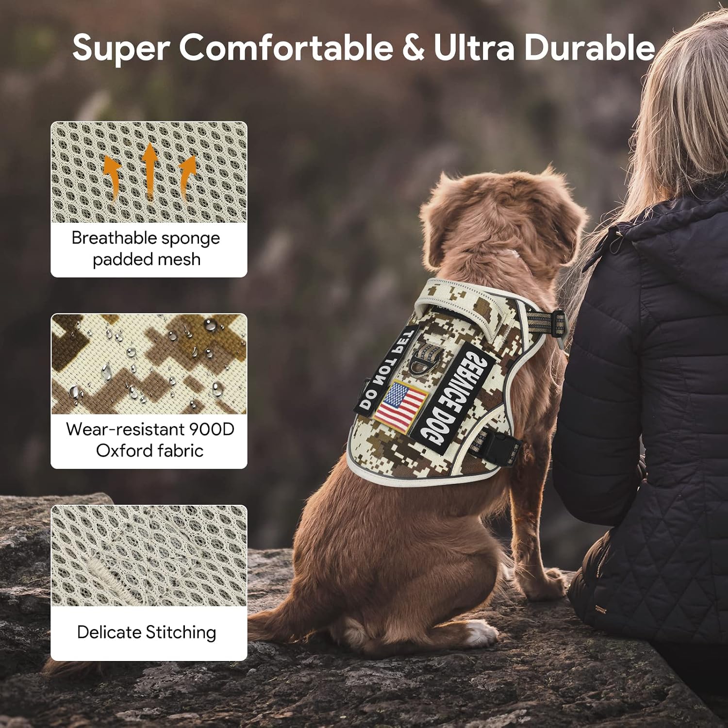 Lewondr Tactical Dog Harness No Pull for Small Medium Large Dogs, Adjustable Reflective Dog Vest Harness with 6pcs Patches, Escape Proof Breathable Training Service Military Dog Vest Harnesses.