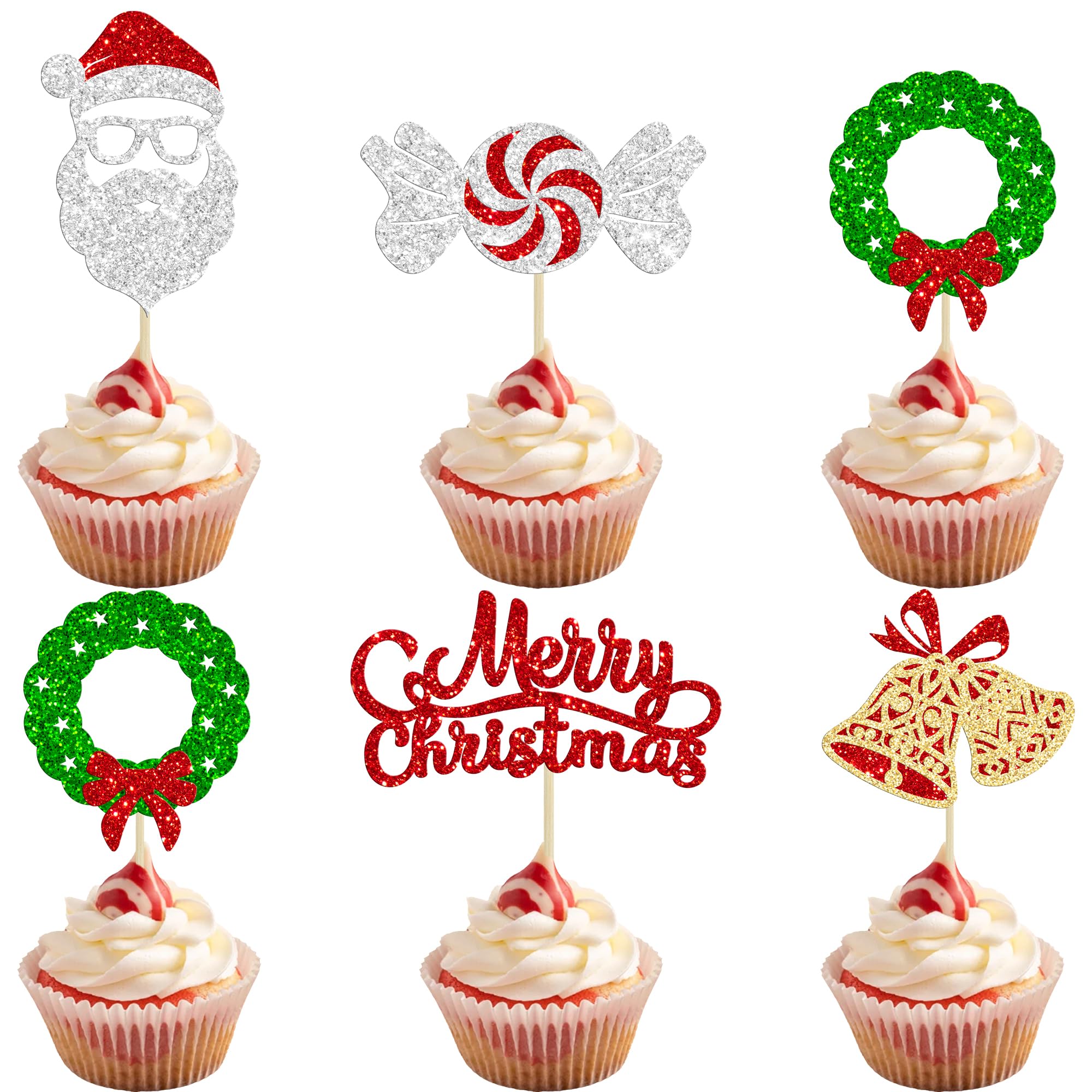 Gyufise 24 Pack Cupcake Toppers Picks Glitter Merry Truck Tree Santa Claus Bell Candy Cake Topper Decorations for Christmas Cake Decoration Holiday Xmas Party Supplies
