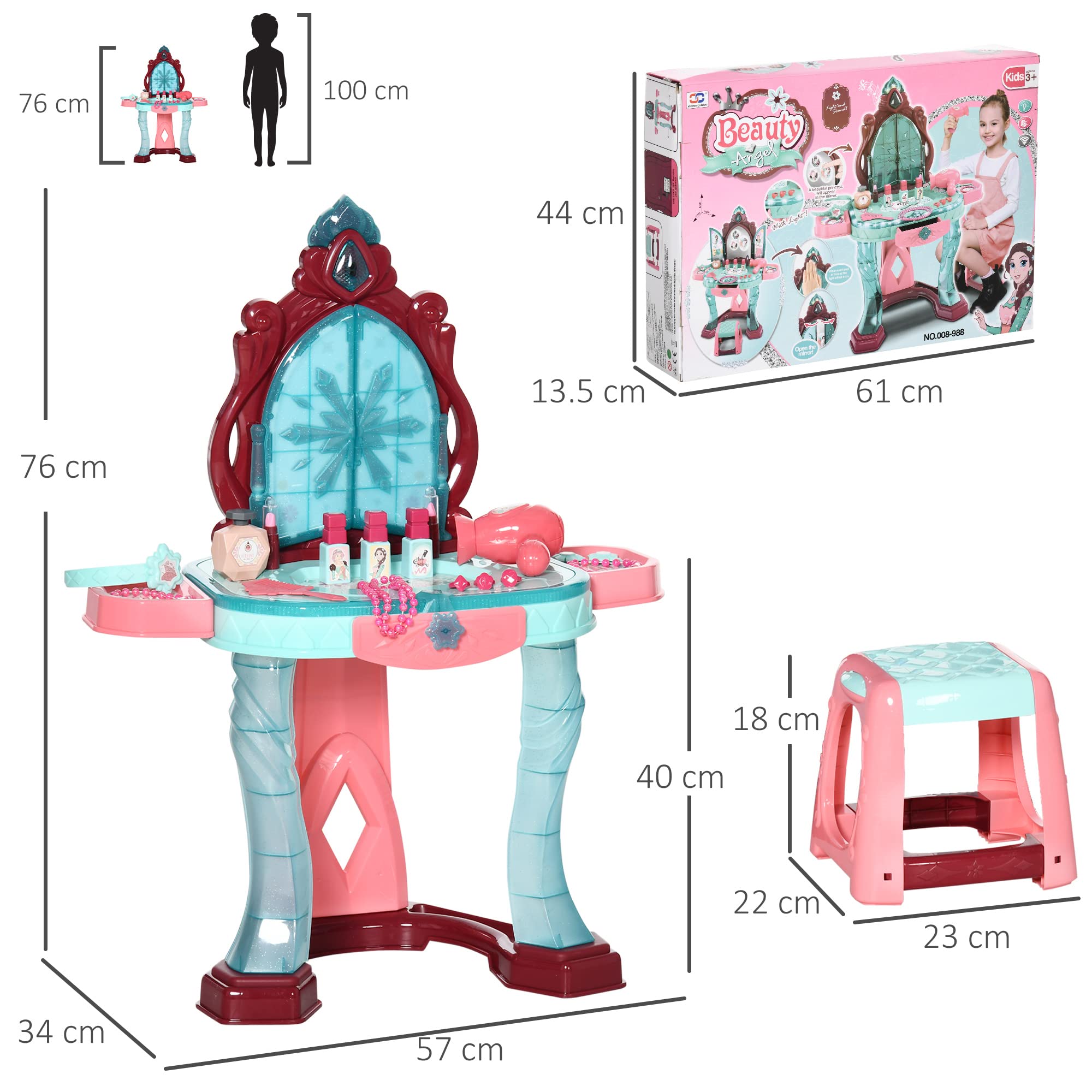 AIYAPLAY Set Tavolo Toeletta con Sgabello per Bambini da 3-6 Anni, Postazione Trucco Bambina con Luci e Musica, 31 Accessori di Bellezza Inclusi