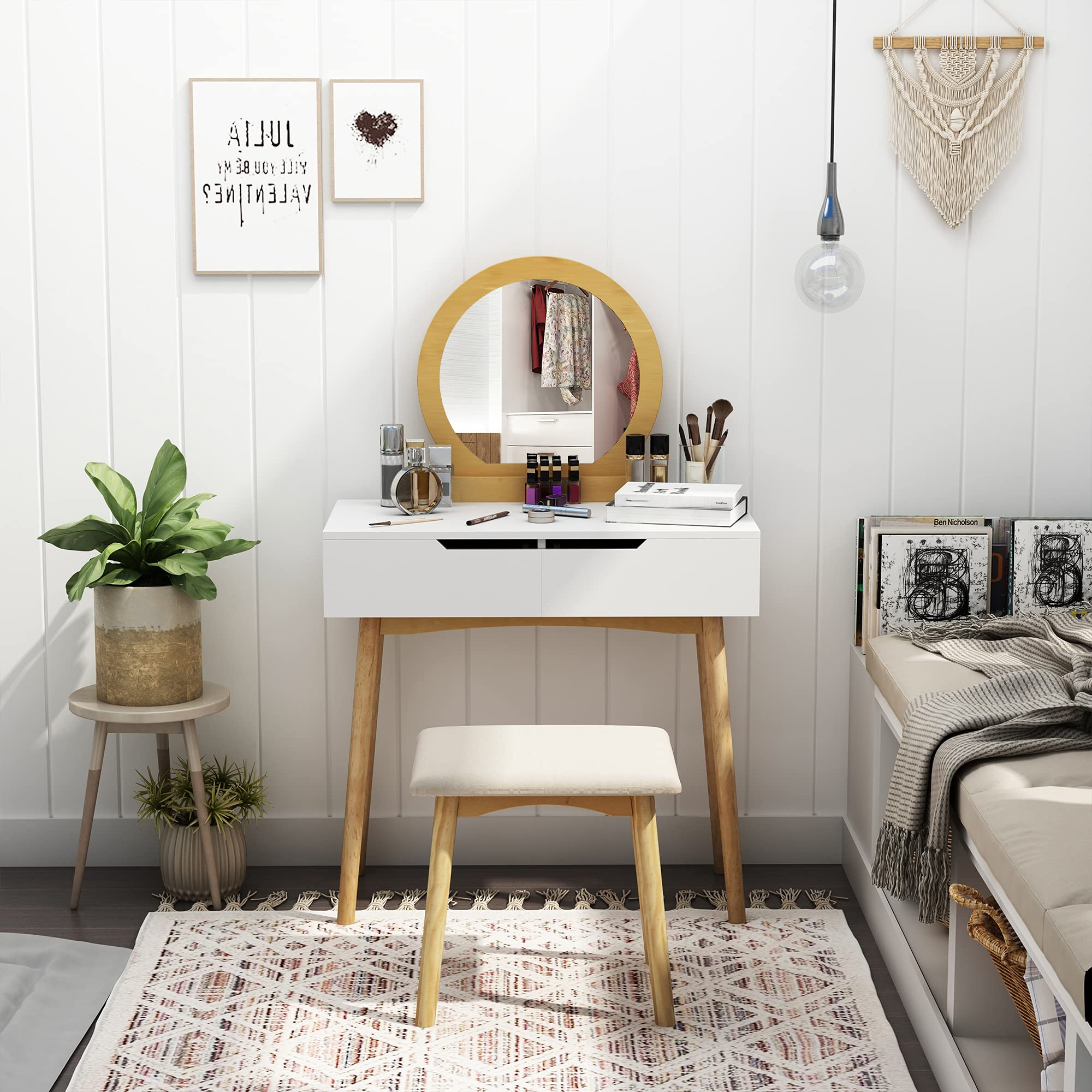 HOMCOM Coiffeuse Design scandinave avec Miroir, 2 Tiroirs Blanc pin Clair | Table de Maquillage, Tabouret