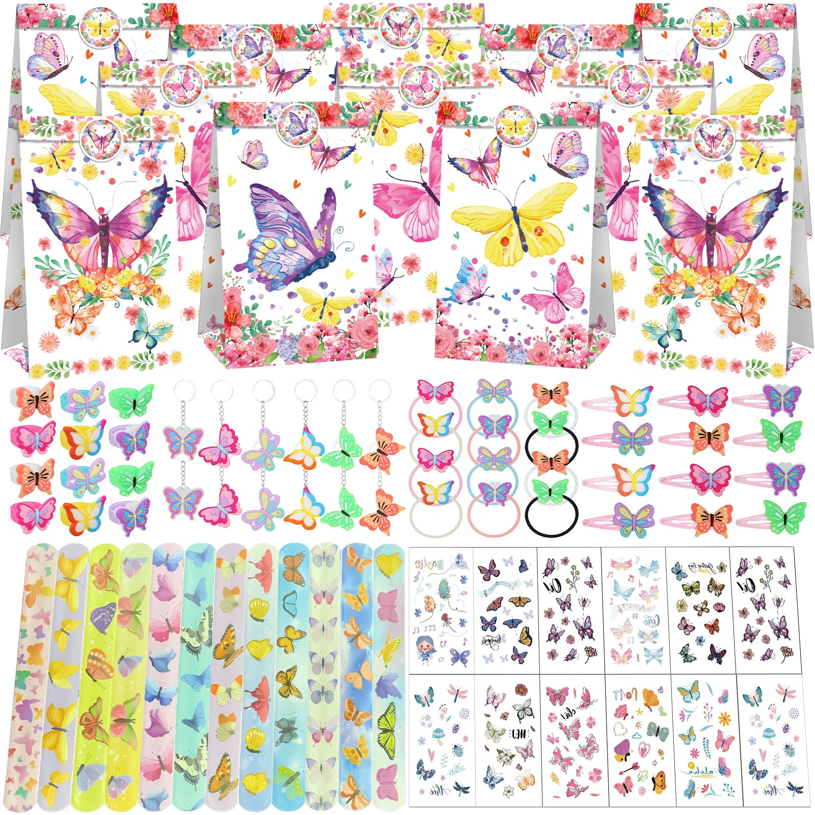 PQKL-party Schmetterling Party Mitgebsel Kindergeburtstag Mädchen,Schmetterling Geburtstag Deko, Geschenktüten,Ring,Haarseil,Hair Clips,Schlüsselanhänger,Schnapparmband,Tattoos Aufkleber