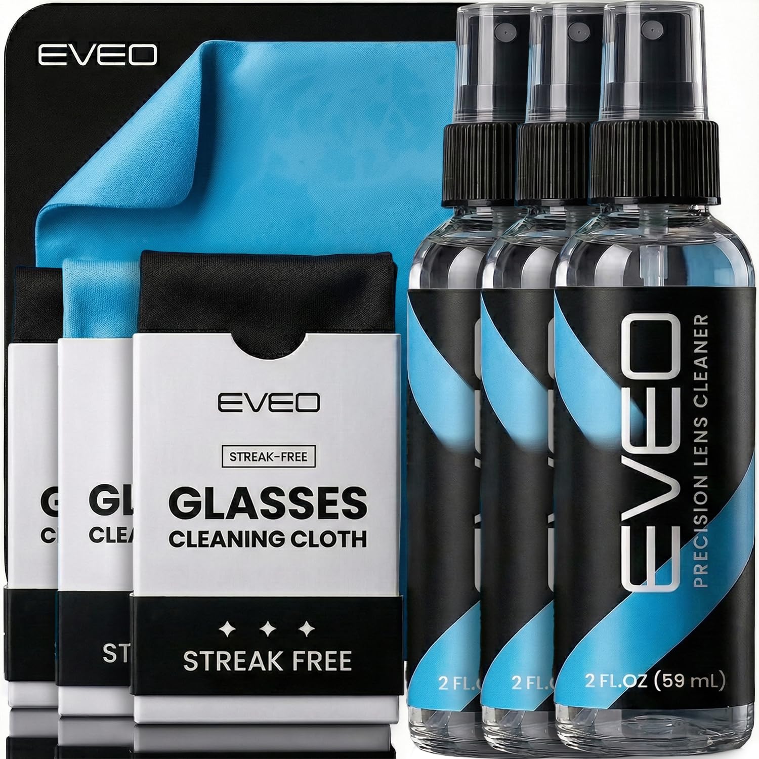EVEO Eyeglass Cleaner Spray - No Streaks Technology with Microfiber Cleaning Cloth- Glasses Cleaning Kit - Glasses Cleaner Spray with Lens Cleaner Cloth - Screen & Eye Glasses Kit - 3 Pack