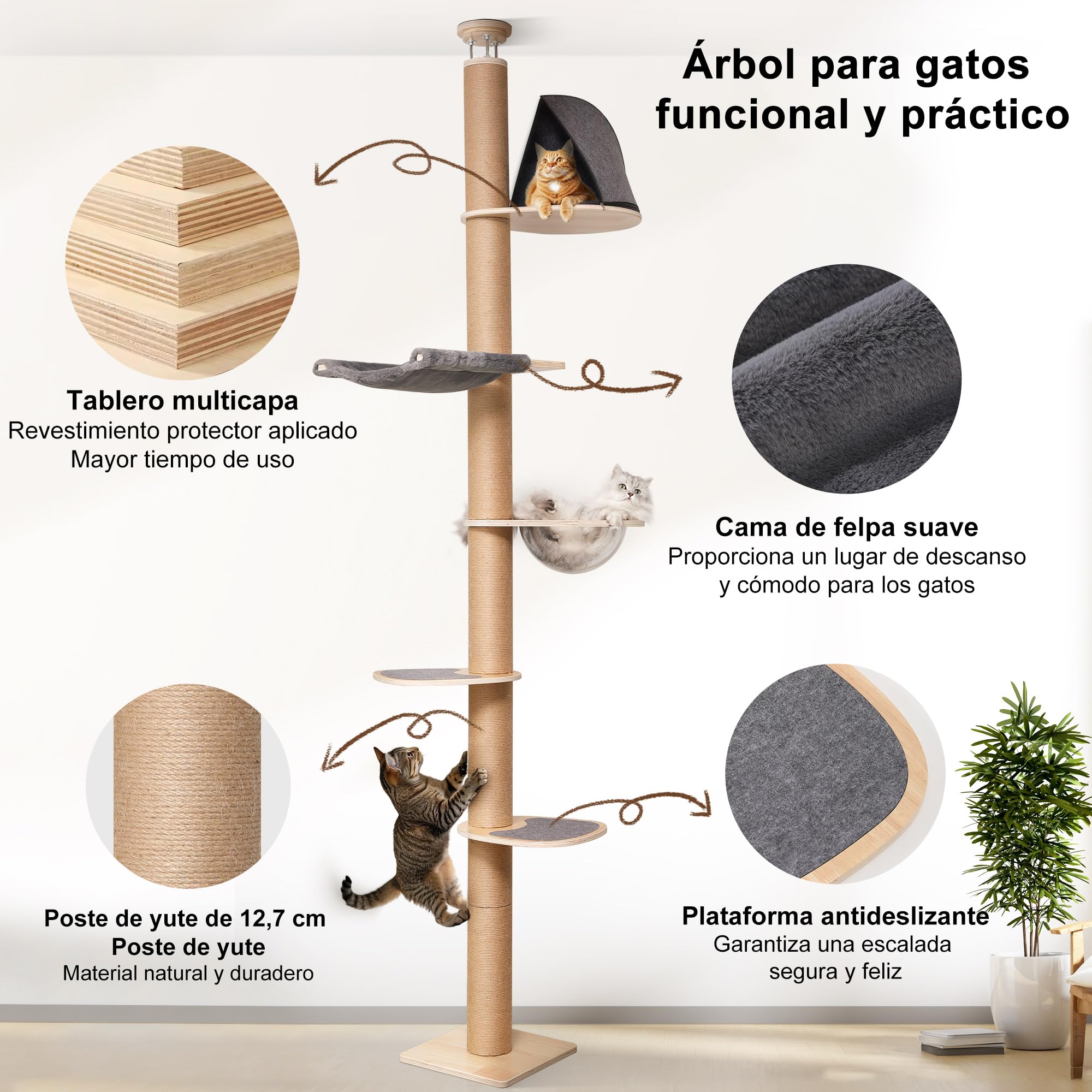FUKUMARU Árbol rascador para Gatos, Torre de 6 Niveles hasta el Techo (280-300 cm), montado en la Pared, Hecho de Madera de Caucho Natural, con cápsula Espacial Transparente y cómoda Hamaca, Gris