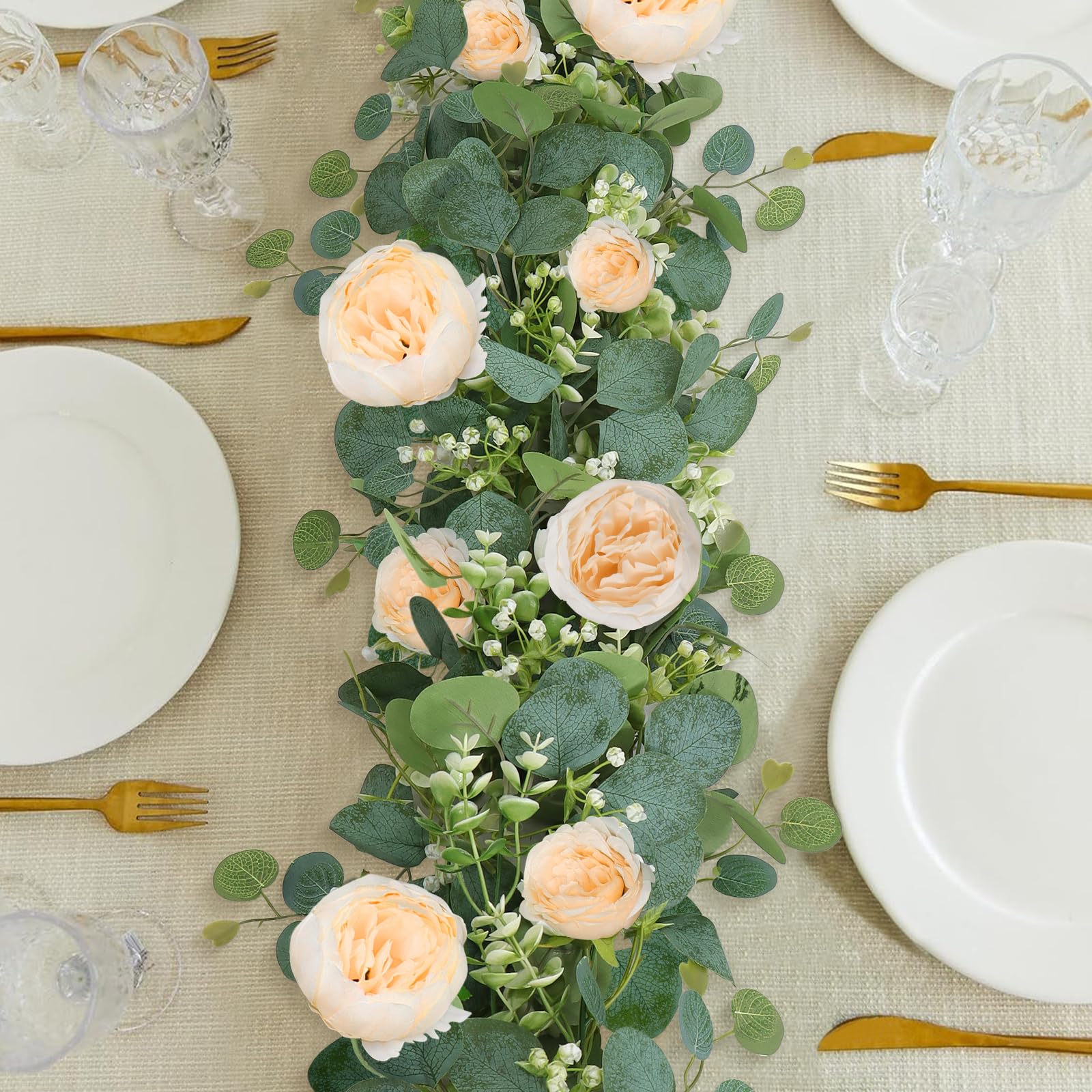 Künstliche Eukalyptus-Blumengirlande mit künstlichen Rosen, Samen, Eukalyptusblättern, grüne Girlande für Hochzeit, Tischhintergrund, Party, Tafelaufsatz, Raumdekoration, Champagner, 4 Stück