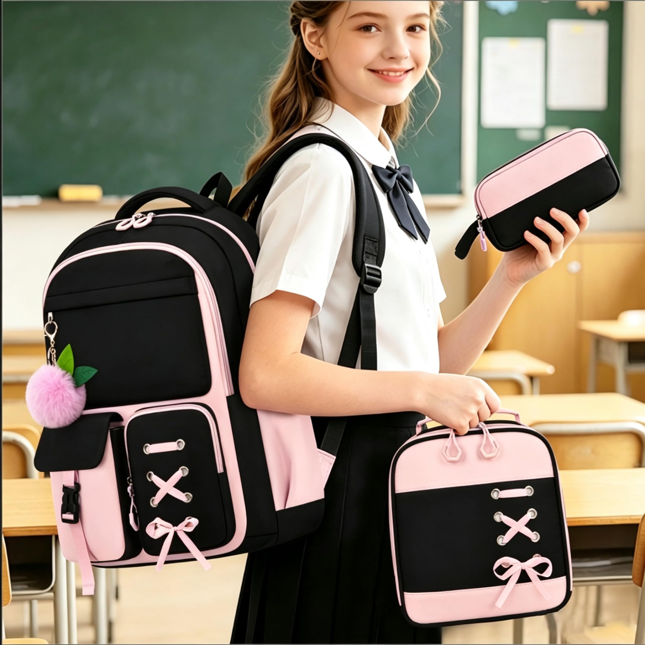 Conjunto de Mochila con Lazo para niñas de 3 Piezas con lonchera en Morado