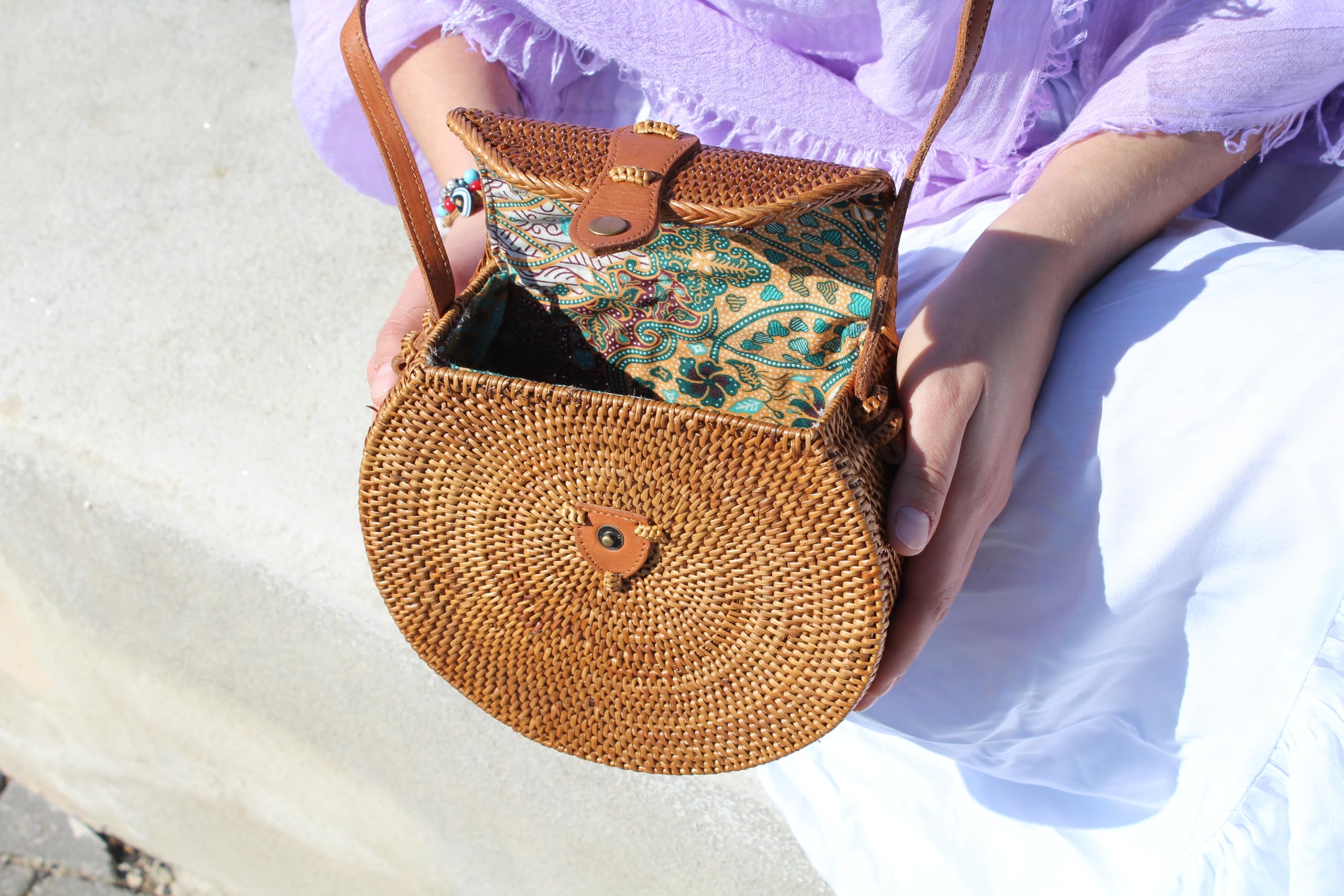 Borsa Paglia Donna Estiva in Midollino con Intreccio in Rattan - Borsetta Tonda con Cinturino Lungo - Interno in Cotone - Borsa Primavera Estate 2024 (Tracolla)