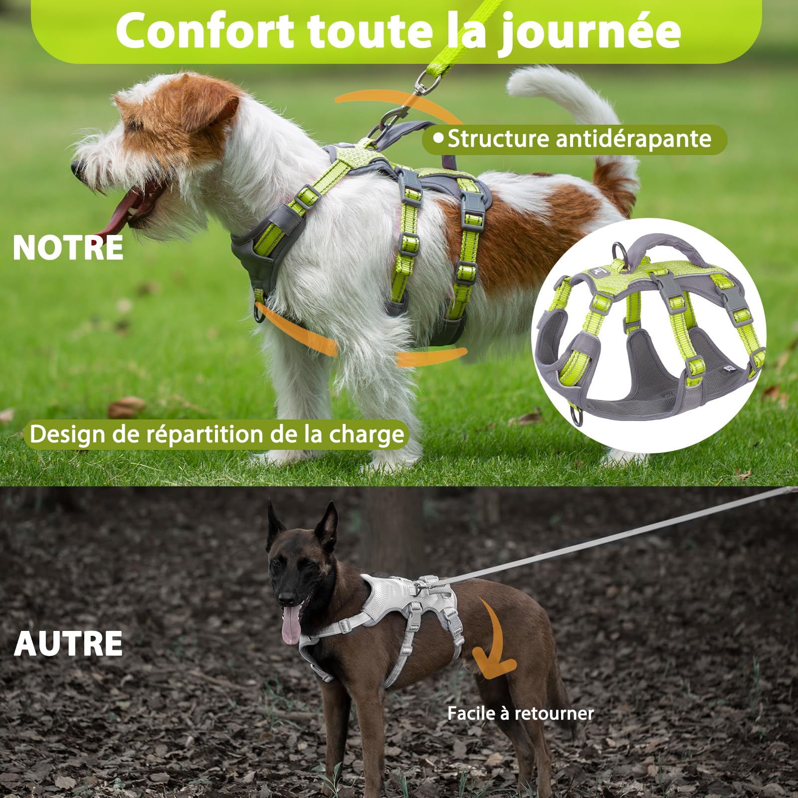 Huntboo Harnais Chien Petite Taille, Réfléchissant Harnais Anti Fugue Chien, Harnais Chien Anti Traction avec Poignée, Respirant, Harnais Réglable pour Chiens Moyens et Grands (Vert Vif,S)