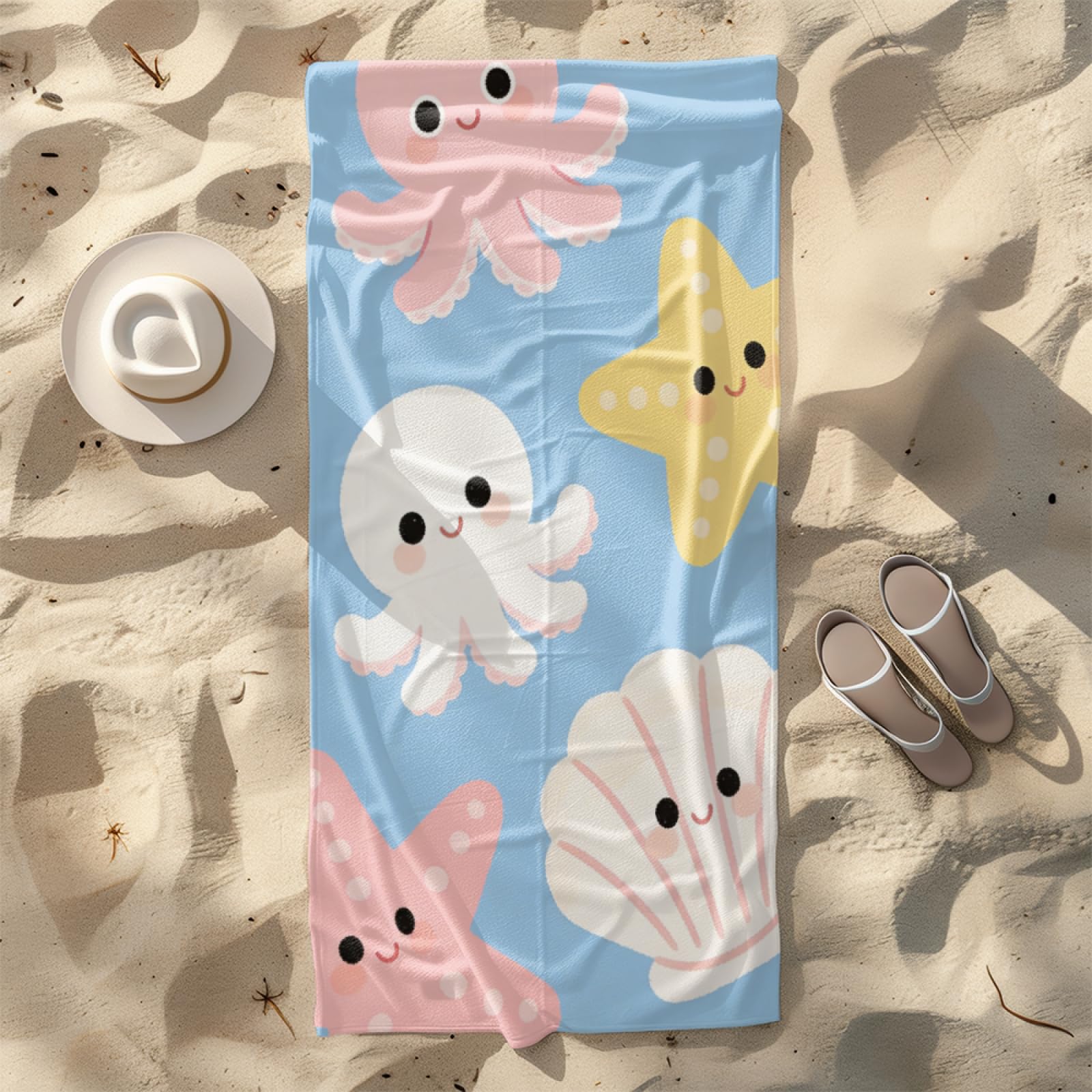 Microfibre Beach Towel 180x90cm Squid Starfish Cartoon Extra Large Beach Towels Sandproof Quick Dry Foldable Storage for Travel Beach Pool Camping Bathing