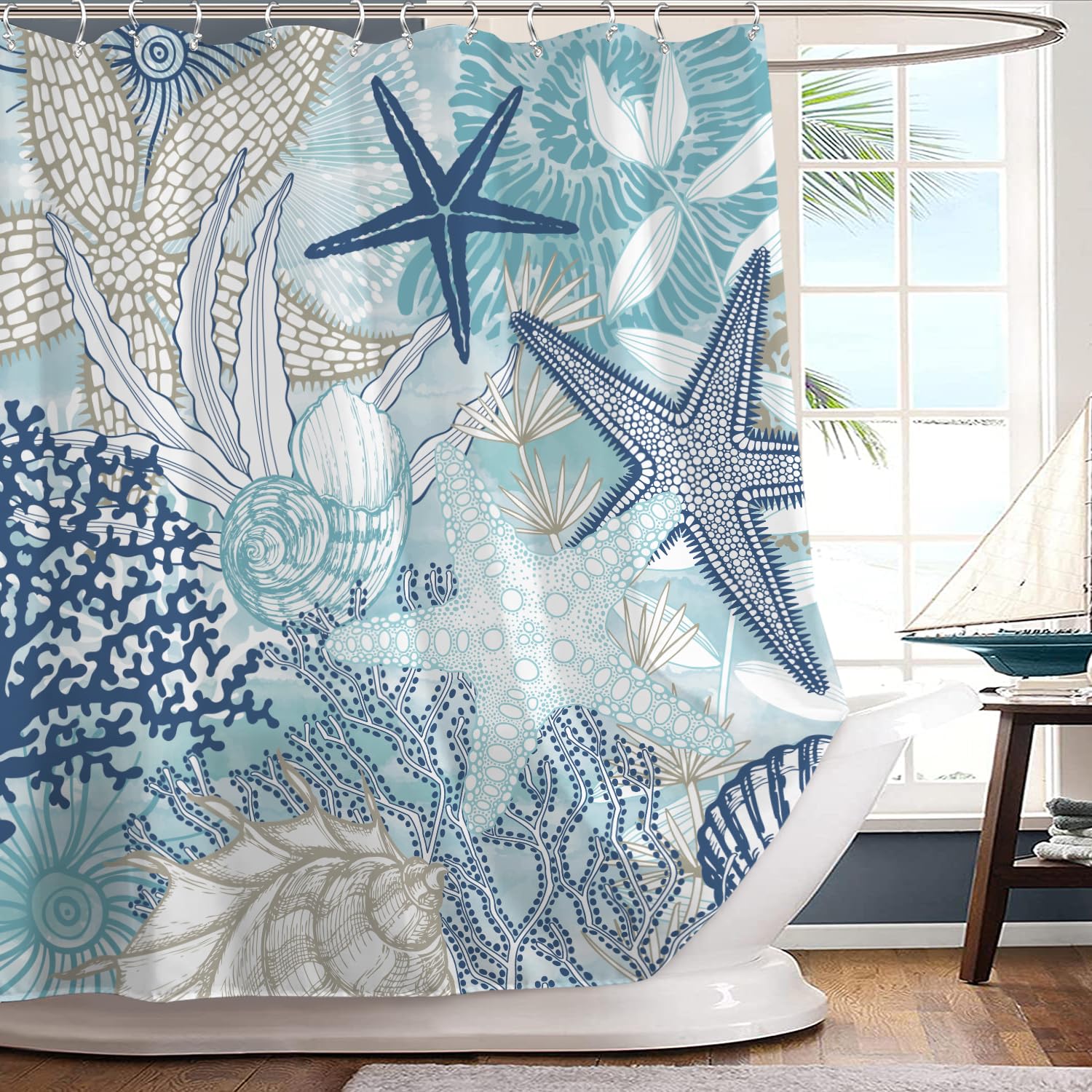 AMBZEK Beach Starfish Shower Curtain 60Wx72L Inch Beachy Nautical Coastal Teal Blue Ocean Seashell Coral Underwater Plant Artwork Fabric Waterproof