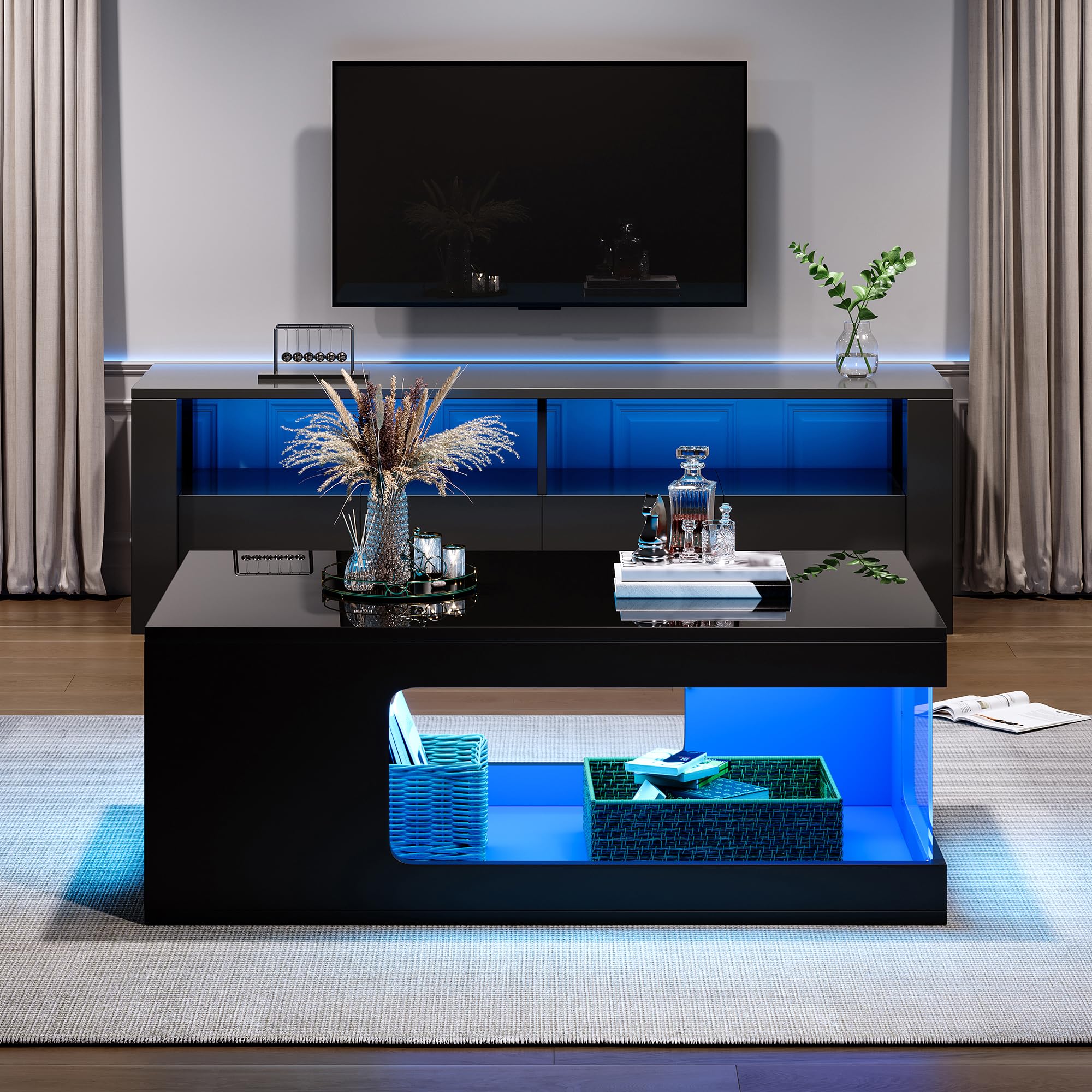 Offener Couchtisch Mit LED, Hochglanz Wohnzimmertisch Mit Glas-Seitenfächern, USB-Lichtleiste Und Stauraum, 100 x 50 x 35 cm