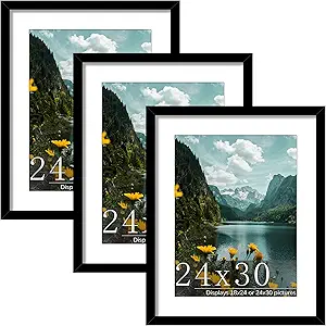Picrit 24x30 Picture Frame 3 Pack, Black Poster Frame, Display Poster 18 x 24 with Mat or 24x30 without Mat for Horizontal or Vertical Wall Mounting