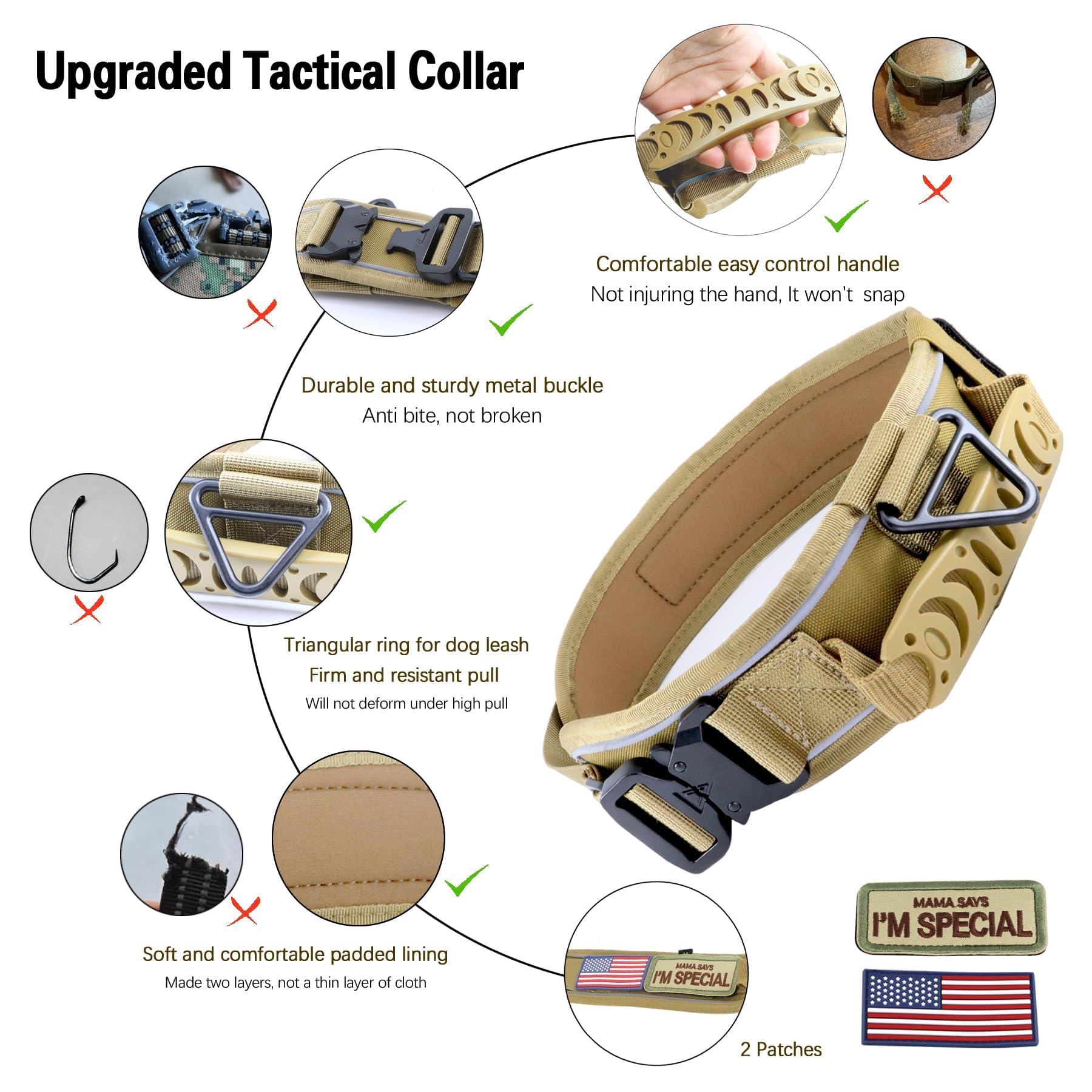 Collar táctico para perro de 2.6 pulgadas de ancho con mango de control, collar militar resistente con hebilla de metal fuerte, collar reflectante de entrenamiento para perros medianos y