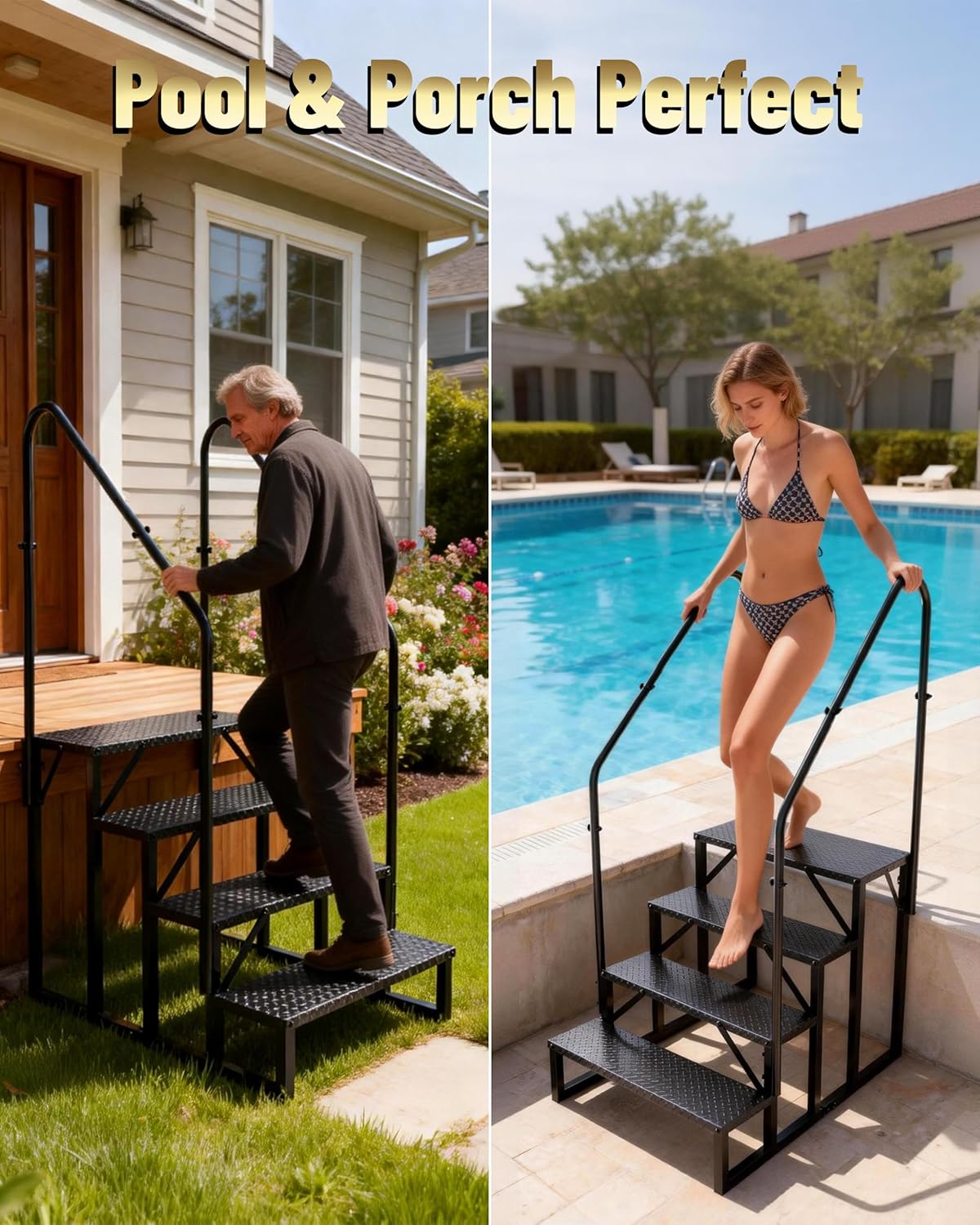 4 Step RV Steps with Dual Handrails, Heavy-Duty Non-Slip RV Stairs for Elderly Kids & Pets, Wide Platform for Hot Tub Spa Camper 5th Wheel Mobile Home Porch