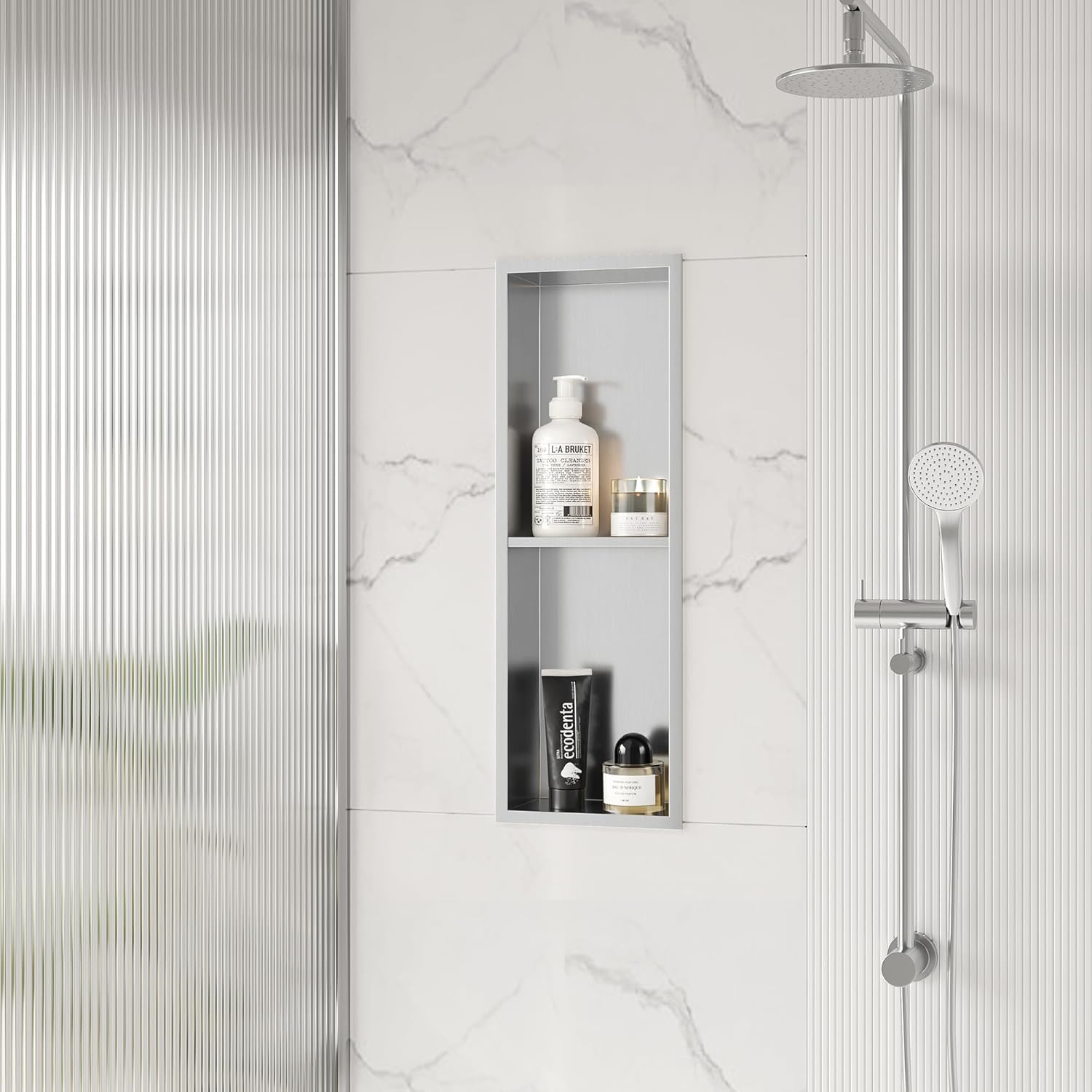 Stainless Steel Shower Niche 24" X 8", No Tile Needed Wall Niche Double Shelves, Recessed Shower Shelf for Bathroom Storage, Brushed Nickel Brushed Nickel 8X24"