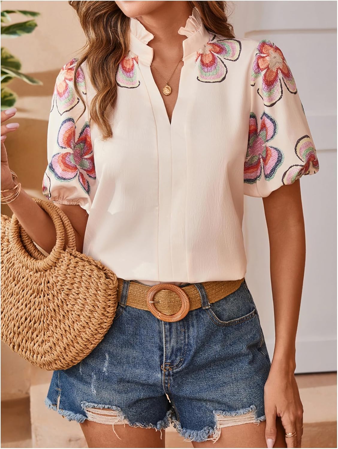 SweatyRocks Women's Floral Print Blouse Top Puff Sleeve V Neck Stand Collar Shirt - Image 4