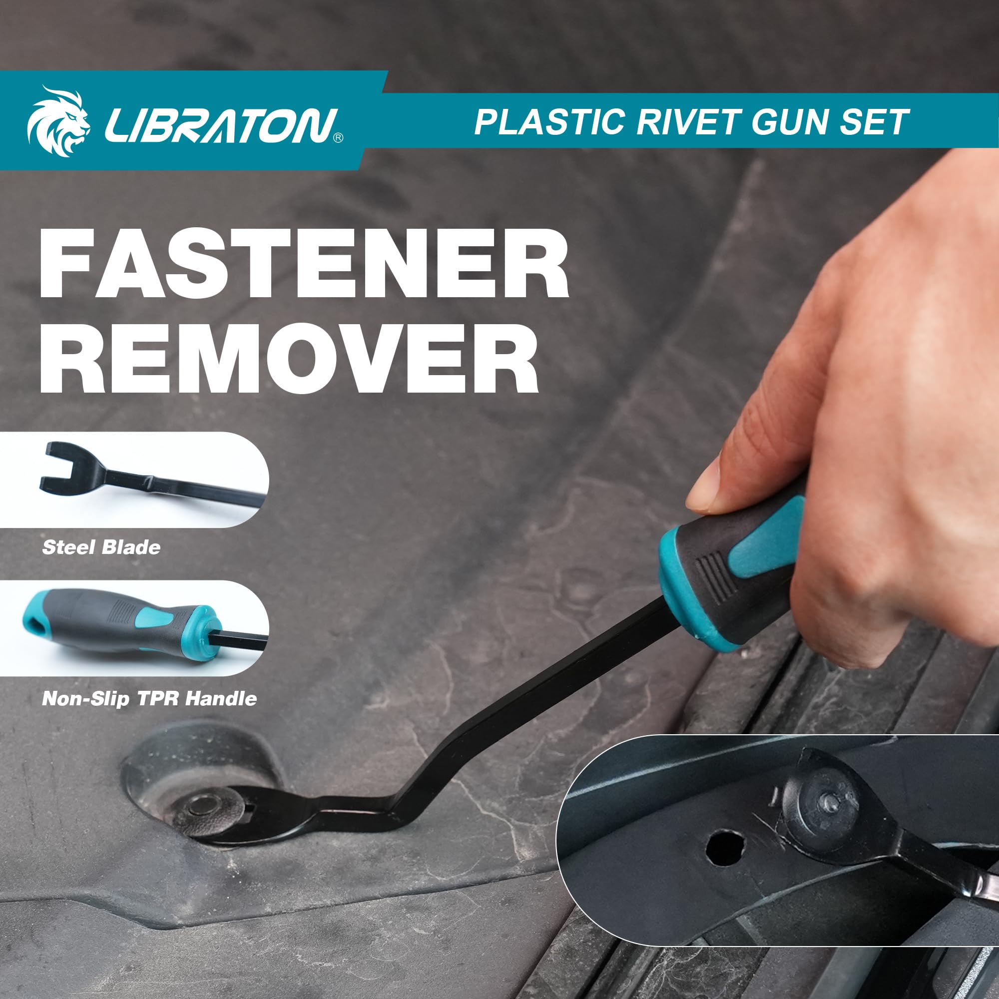 LIBRATON Kit de Pistolet à Rivets Plastique 90° avec 40 Rivets Nylon (4 Tailles), Outil de Retrait, Embout Universel pour Automobile, Ergonomique et 50% Moins d'Effort