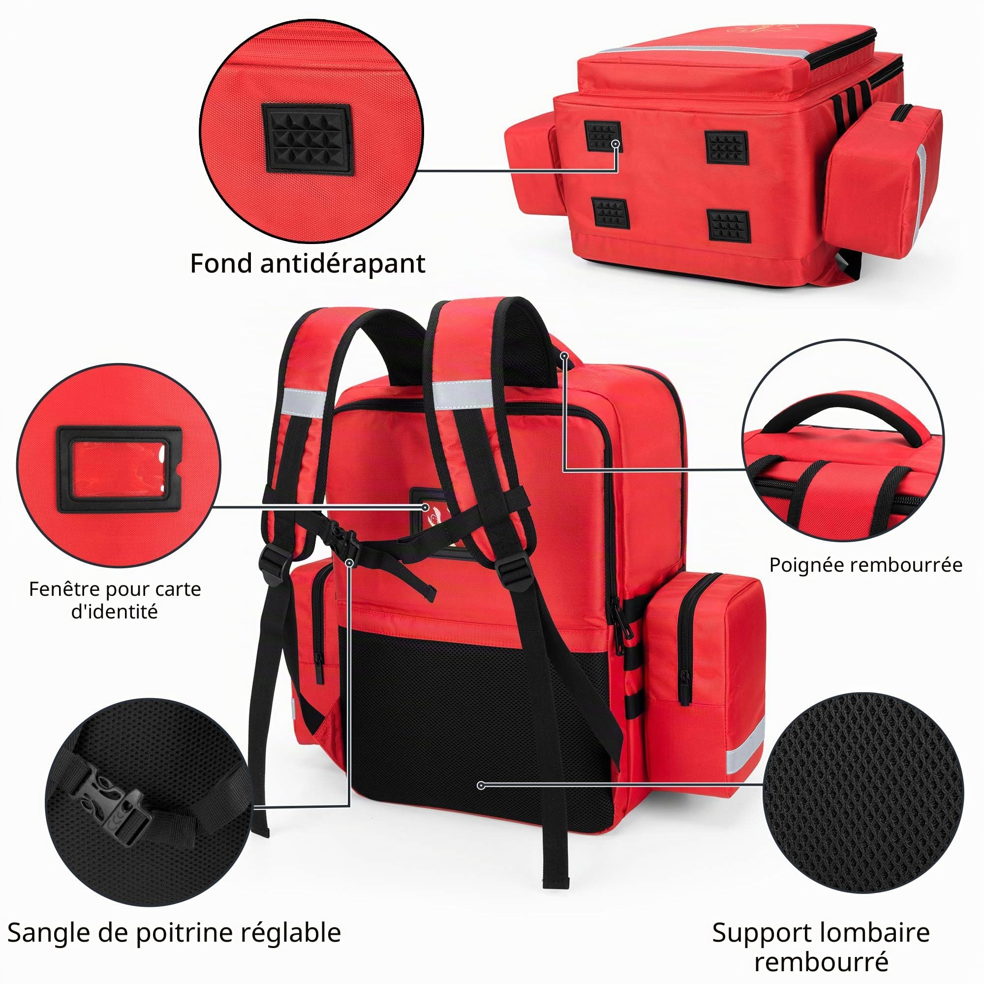 Trunab Sac à Dos Médical Emergency Rouge, Sac Premier Soins pour Secouristes avec Poches Latérales Détachable et Fond Antidérapant, Convient à EMT, Paramédical, Visite Domiciliaire- Version Améliorée