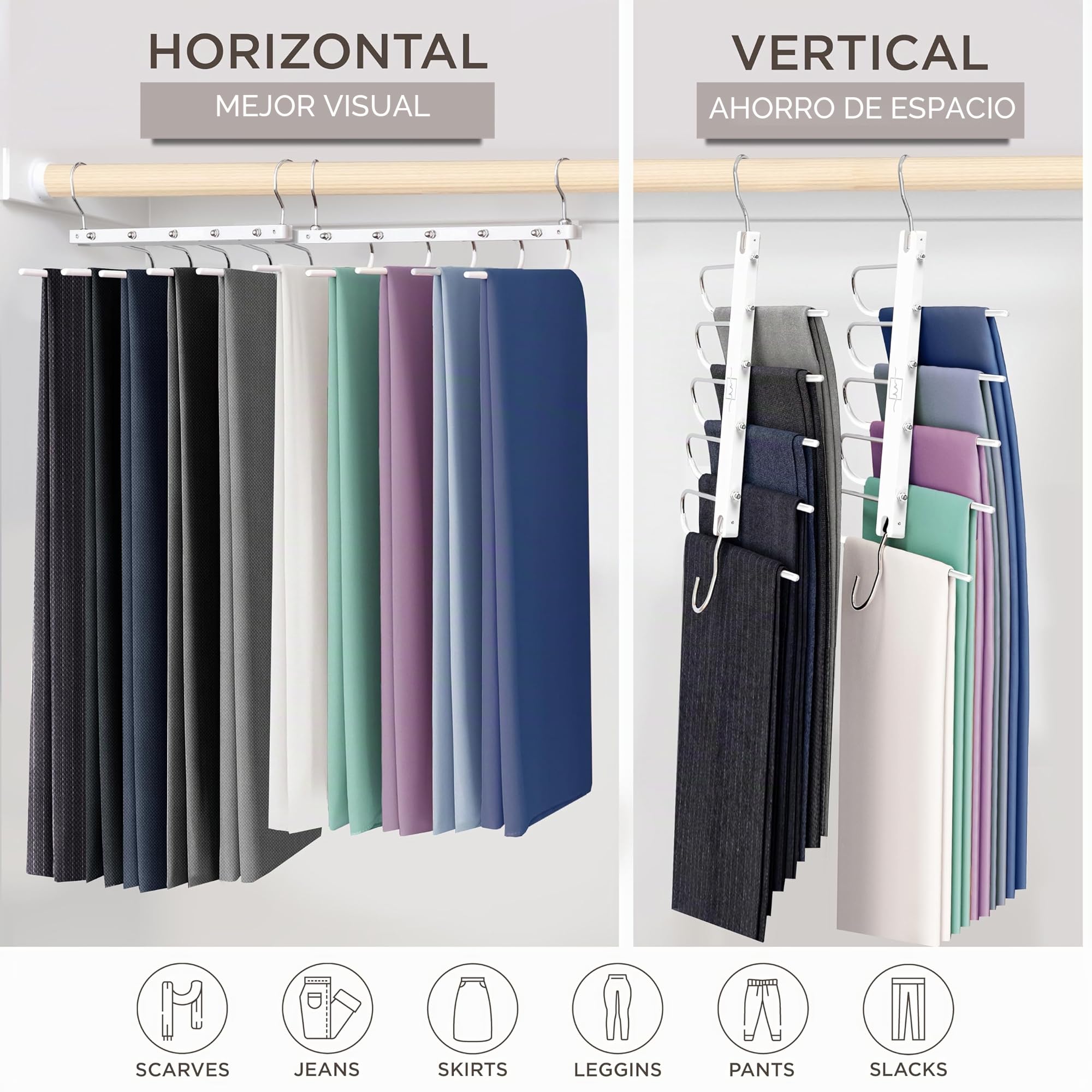 MORALVE Perchas para pantalones que ahorran espacio, 2 unidades de perchas de madera para organizador de armario, perchas para jeans, bufandas, armario, leggings, organización de armario