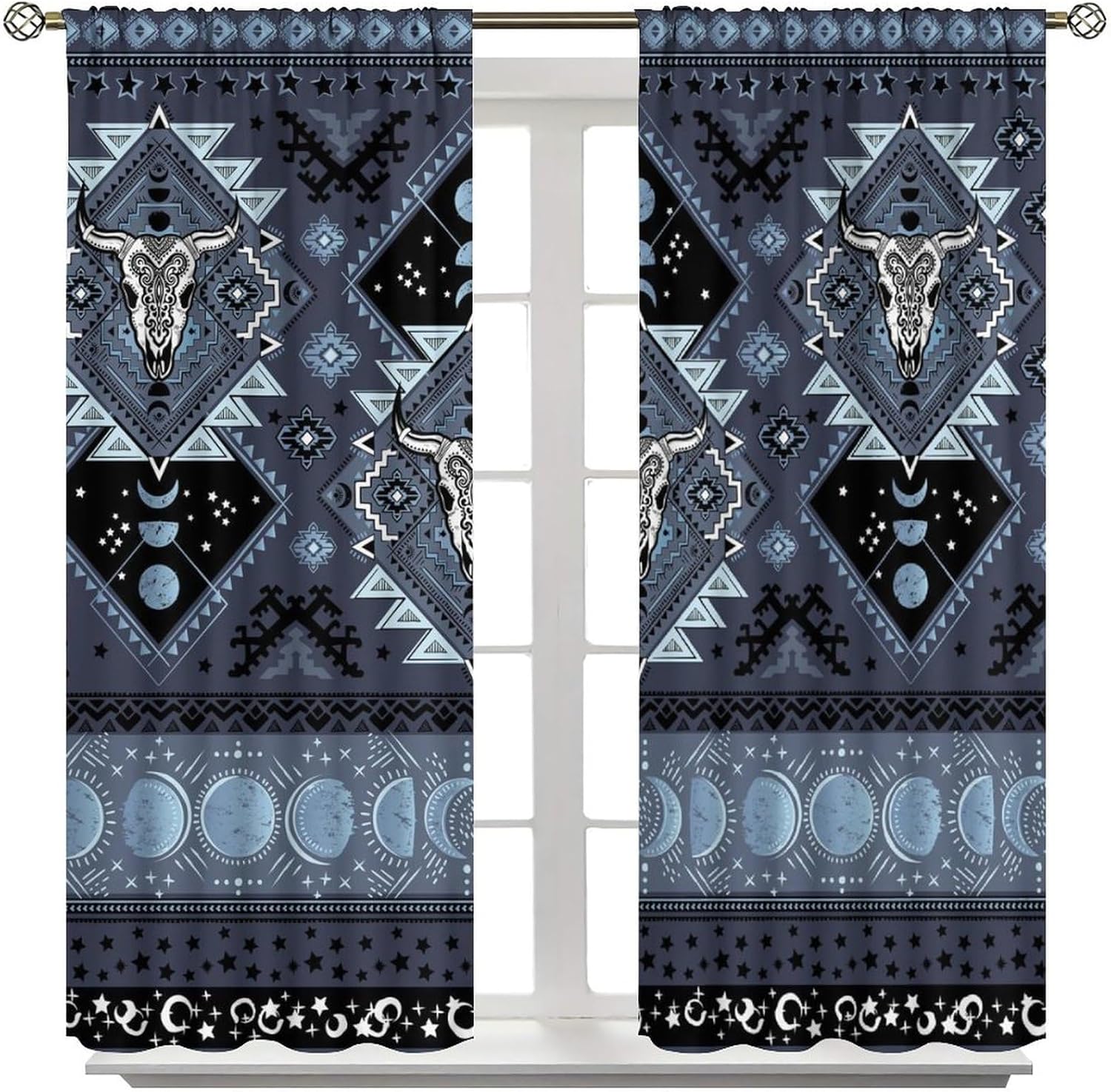 Aztec Cow Skull Blackout Window Curtains, Western Vintage Traditional Geometric Textured Boho Print Rod Pocket Window Drapes, for Living Room Bedroom 21(W)*63(L) 2 Panels