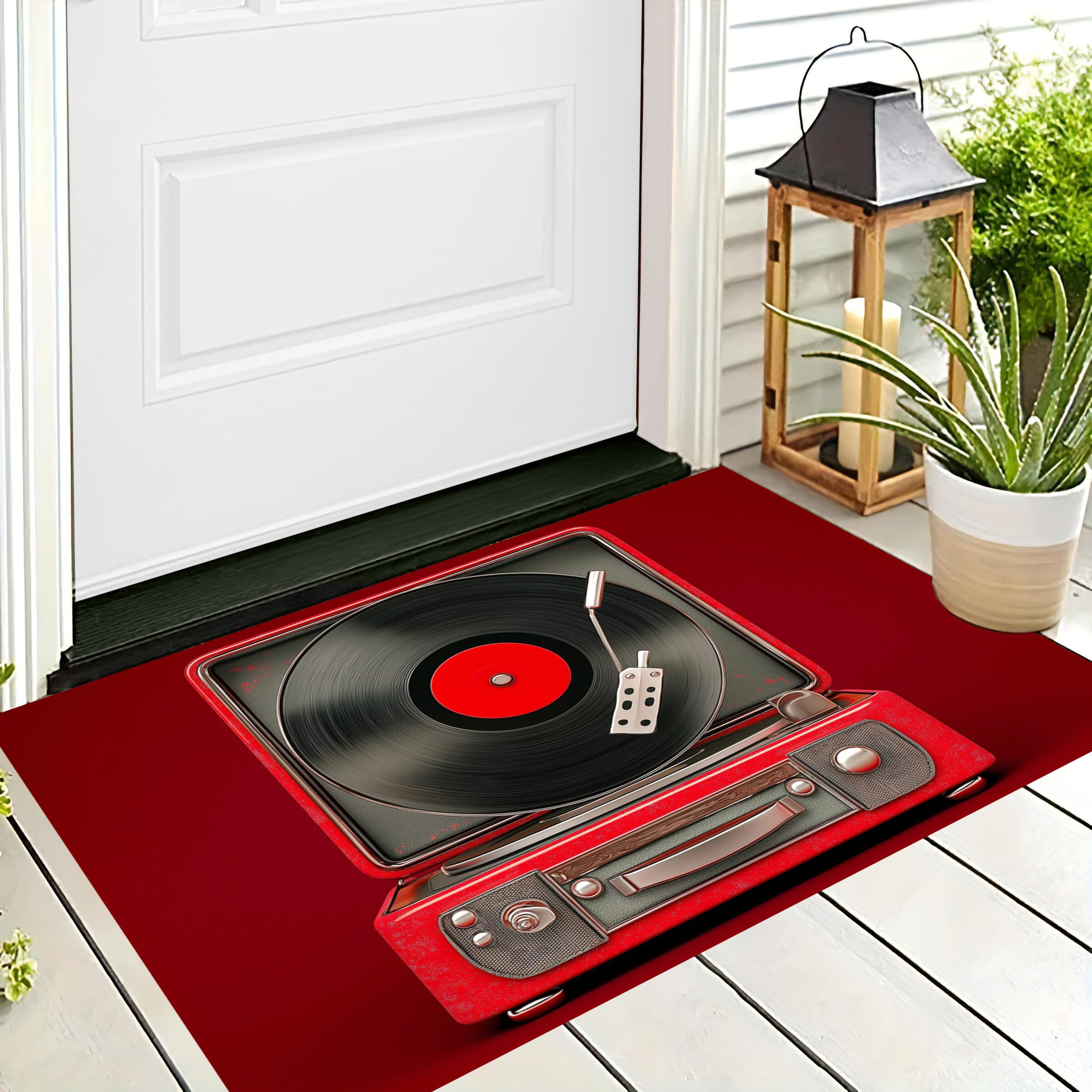 Tappetino Antiscivolo Rosso Nero Giradischi In Vinile 3D,Benvenuto Interni Ed Esterni Tappeto Metallo Retrò,Zerbino Per Porta D'Ingresso Camera Da Letto Soggiorno,90X150Cm